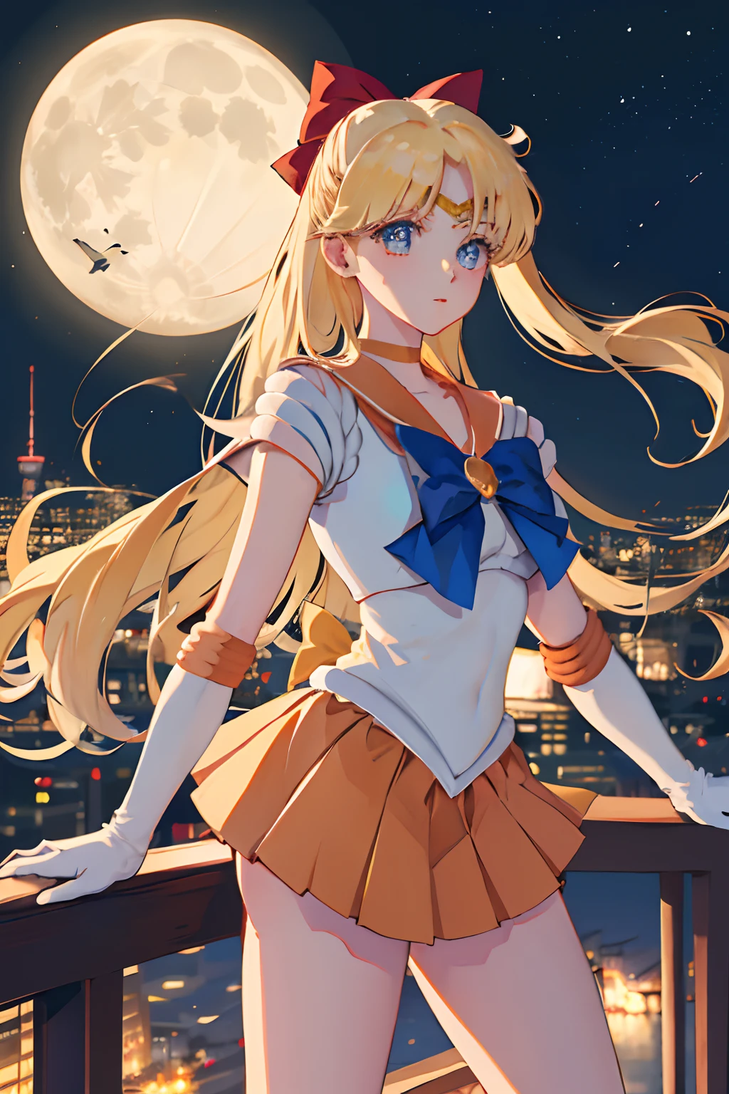 masterpiece, best quality, highres, sv1, sailor senshi uniform, orange skirt, elbow gloves, tiara, pleated skirt, miniskirt, red bow, orange choker, white gloves, jewelry, city, night, moon, cowboy shot, standing,