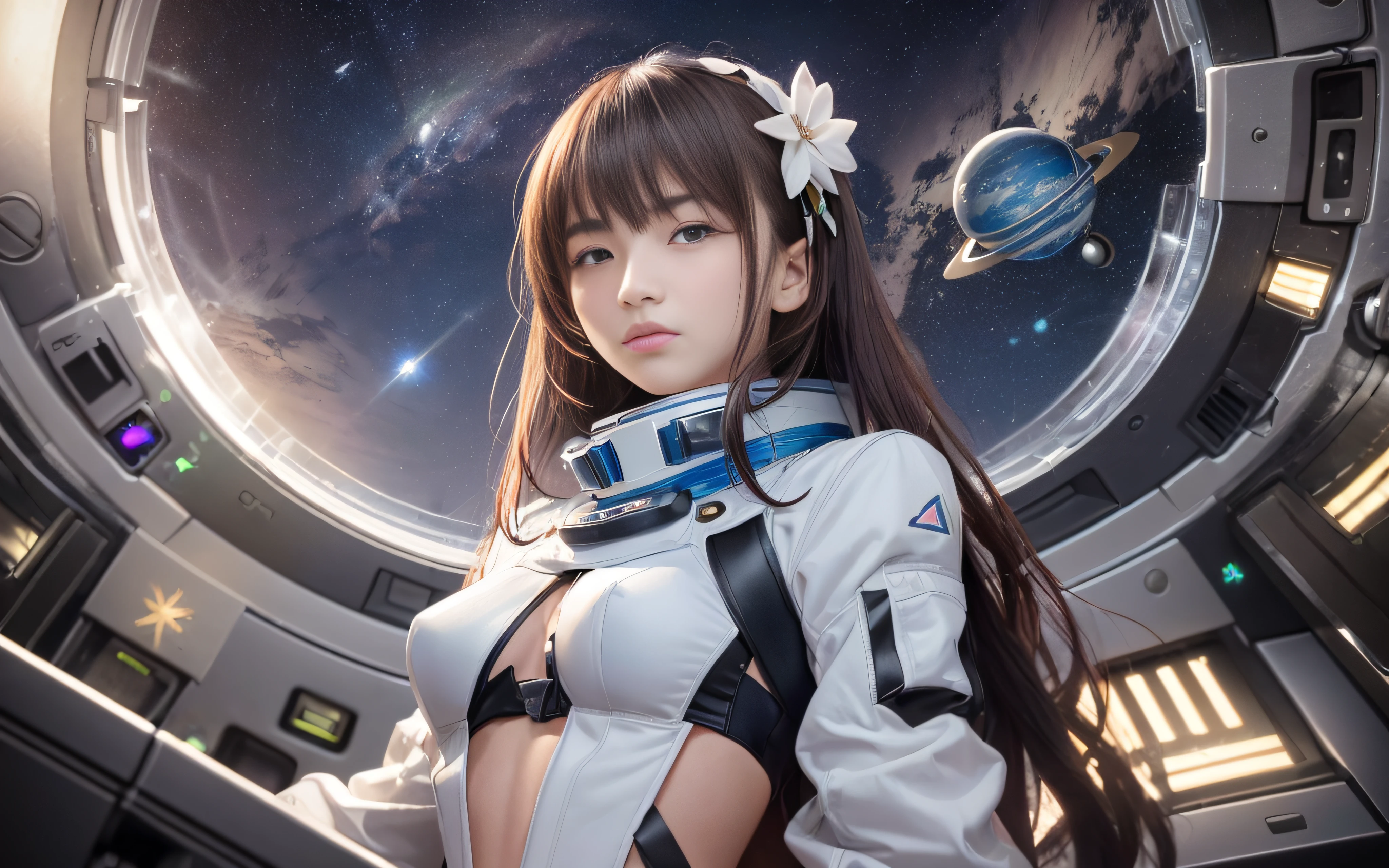 (RAW image quality:1.4), ((top-quality)), (​masterpiece)), (detaileds: 1.4), 。.3D, Absurd resolution、hight resolution、(​masterpiece:1.4)、ultra-detailliert、1 beautiful girl、Images of women in the near future, Shiny brown hair, Beautiful brown eyes, beautiful countenance, 20yr old、kosmos、(Planktonic), small tits、space suits、(Changing clothes), (PINK Underwear), spaceships、klara、window、mirai、Dynamic Poses、full body Esbian、Change of clothes
