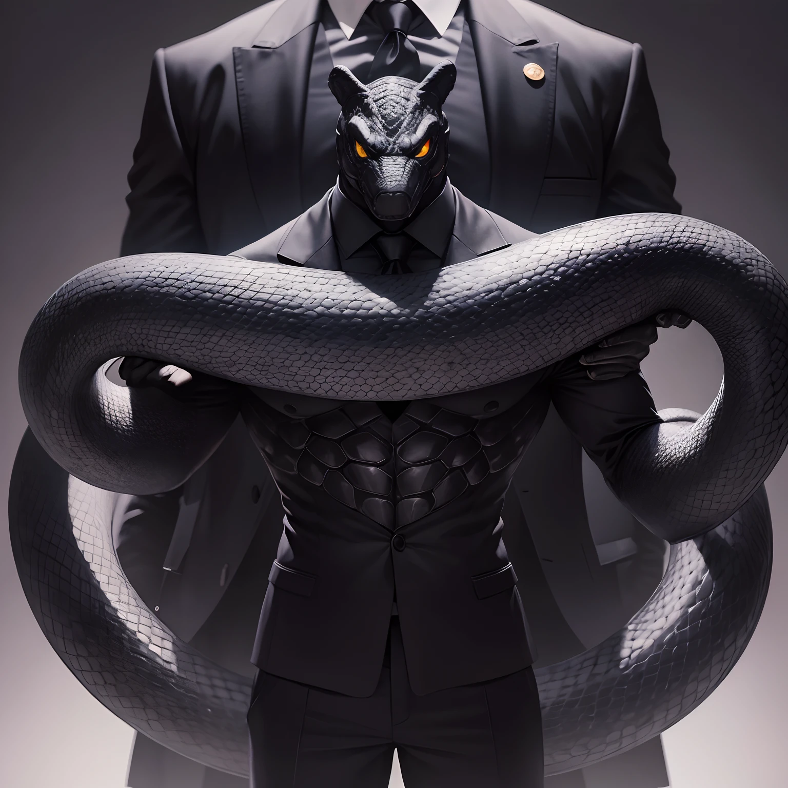 Humanoid snake muscled , with a snake's head black with a tail with 2 huge arms , in suit with a tie , full body