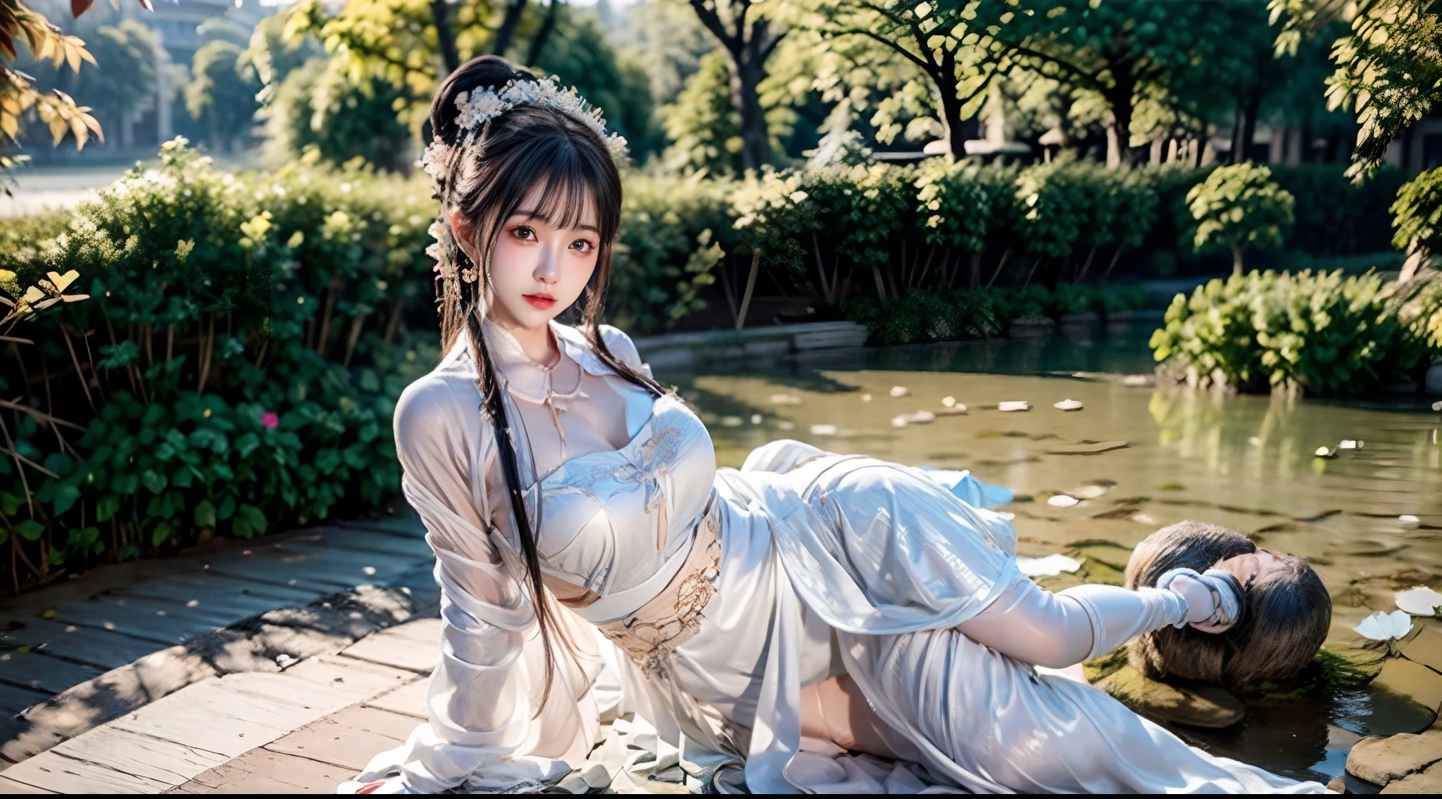 highly detailed, extremely detailed CG unity 8k wallpaper,HDR,best quality,professional,masterpiece,Ultra High Resolution,8k,Unreal Engine,photorealistic,realistic,physically-based rendering,perfect detail,super complex details:1.3),original,(realism,perfect lighting:1.1),Front view,look at viewer,watercolor, splash ink, ultra-high resolution, front lighting, intricate details, exquisite detail and texture, night, moon, 1 girl, Solo, (Young) , facial protrusions, upper body, details of the face, mole tears, shiny skin, colored black hair, colored black hair, ponytail, look at the audience, Big Blue Eyes, silk robe (hollow pattern, white, silk) , earrings,(Busty:1.2), slim figure (white robot torso: 1.2) , East Asian architecture, Riverside, Lotus Leaf, lotus flower, forest, professional lighting, photon mapping, light, physics-based rendering, Seven-doppelganger shot.