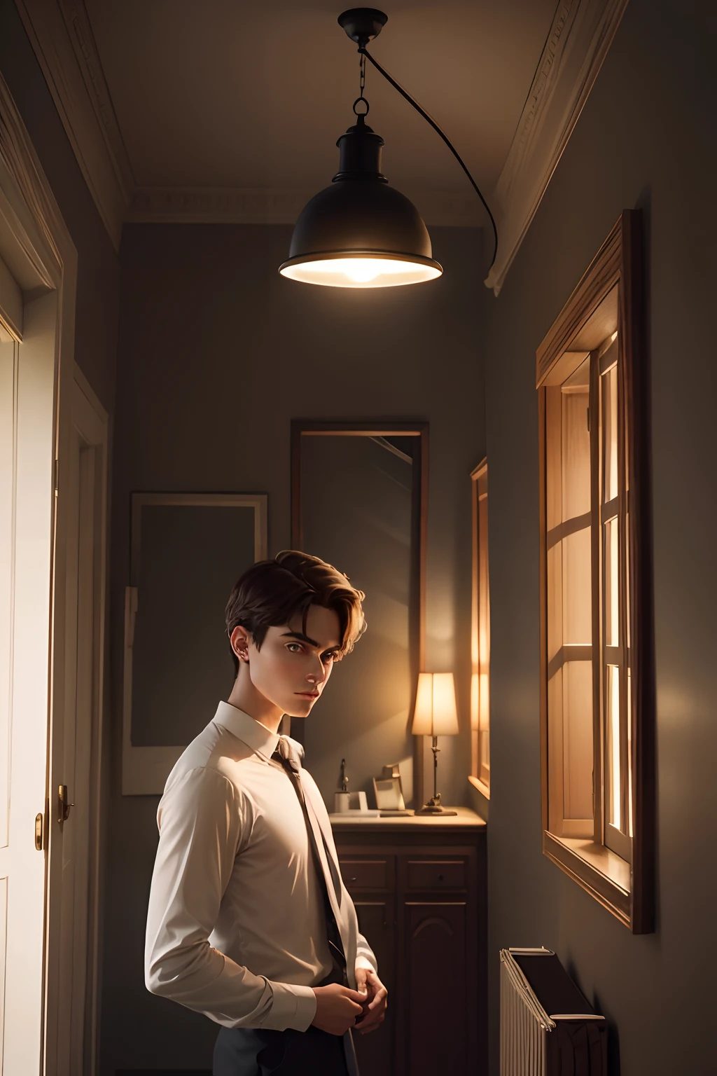 dark room, hanging lamp, man looking at the lamp, standing sideways, the light of the lamp reflecting around, handsome boy