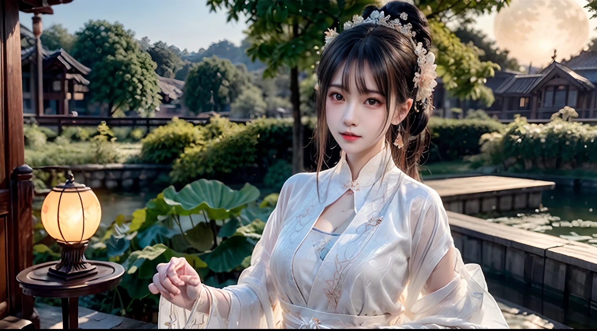 highly detailed, extremely detailed CG unity 8k wallpaper,HDR,best quality,professional,masterpiece,Ultra High Resolution,8k,Unreal Engine,photorealistic,realistic,physically-based rendering,perfect detail,super complex details:1.3),original,(realism,perfect lighting:1.1),Front view,look at viewer,watercolor, splash ink, ultra-high resolution, front lighting, intricate details, exquisite detail and texture, night, moon, 1 girl, Solo, (Young) , facial protrusions, upper body, details of the face, mole tears, shiny skin, colored black hair, colored black hair, ponytail, look at the audience, Big Blue Eyes, silk robe (hollow pattern, white, silk) , earrings,(Busty:1.2), slim figure (white robot torso: 1.2) , East Asian architecture, Riverside, Lotus Leaf, lotus flower, forest, professional lighting, photon mapping, light, physics-based rendering, Seven-doppelganger shot.
