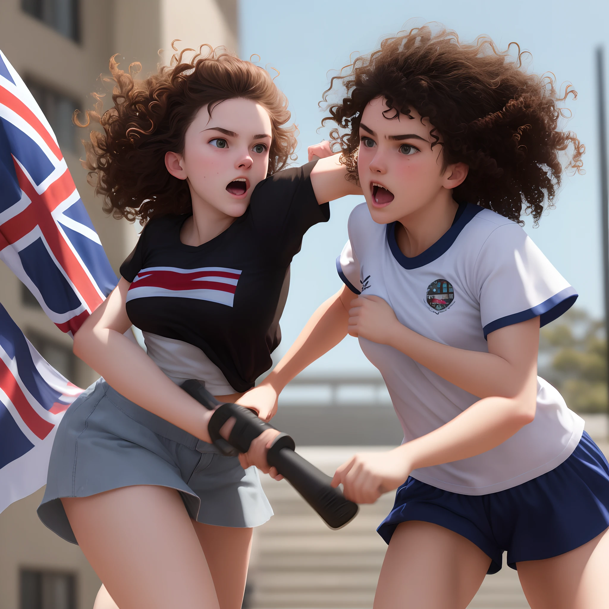 one white teenage girl, dark brown curly hair, battling aggressively with australian flag