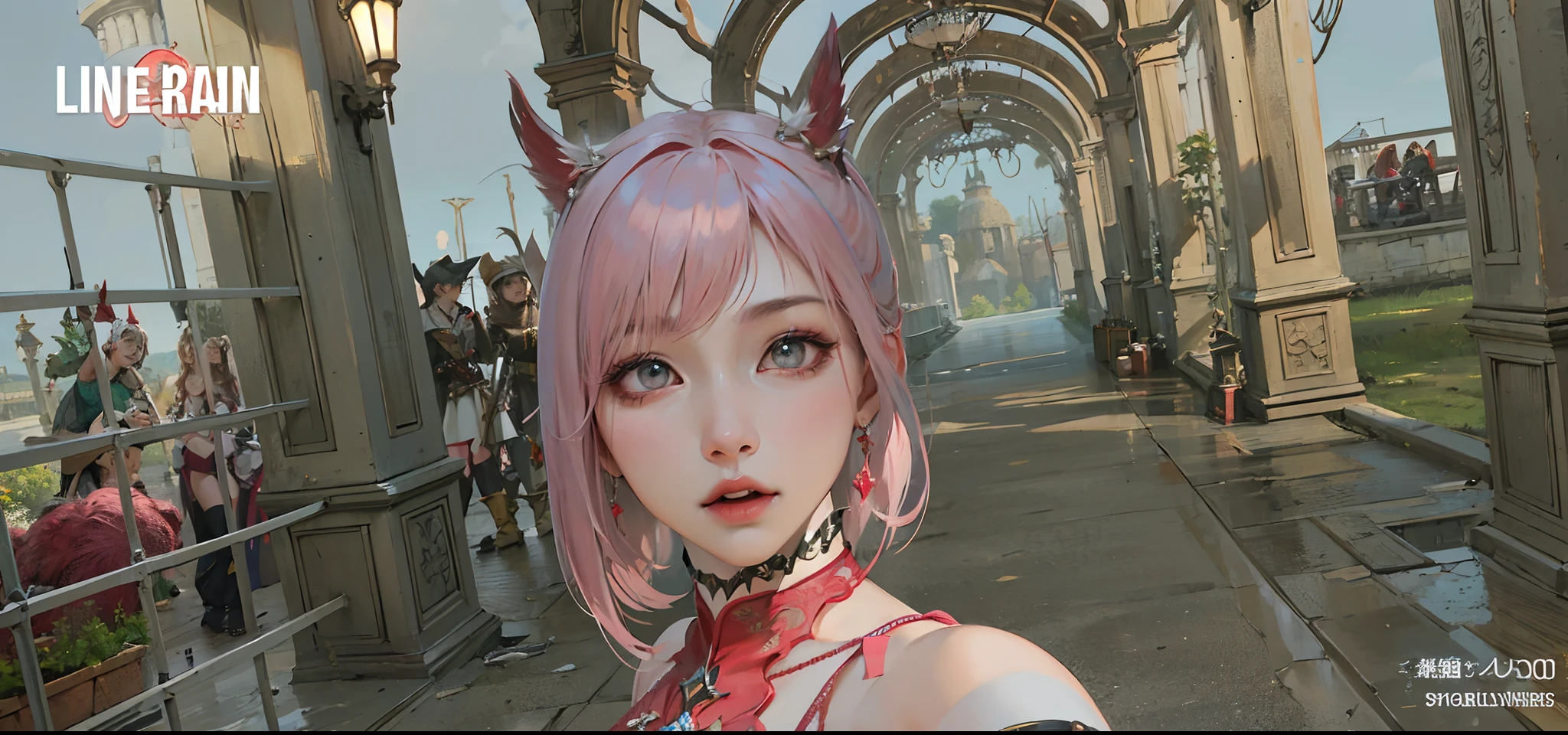 there is a woman with a pink hair and a red dress, lineage 2 revolution style, with very highly detailed face, 8k selfie photograph, devious evil expression, character close up, close up character, final fantasy 14 style, inspired by Pu Hua, from lineage 2, new character, kanliu666, ingame image