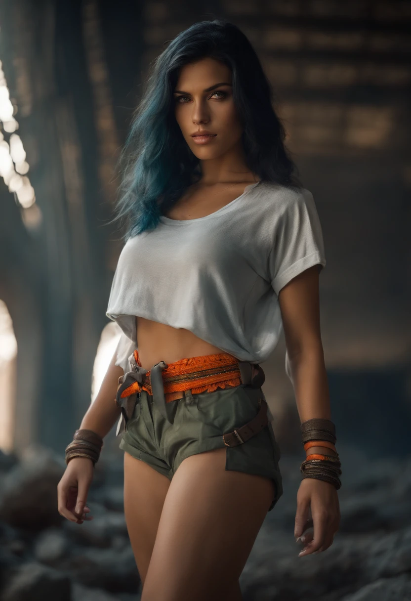 Bright shot: 1.3), epic realistic, yellow eyes, girl raider, (one girl), light gray non-transparent short sleeve top, transparent fabric at the waist, wavy hair 1.4, (dark blue hair), short hair, dark blue and orange color scheme, (light green shorts), aesthetics of wasteland and canyons!!! n ruins, soft cinematic light, Adobe Lightroom, darkroom, HDR, intricacy, green bracelets on the arms, straps from red thrings over transparent fabric at the waist, thong under shorts