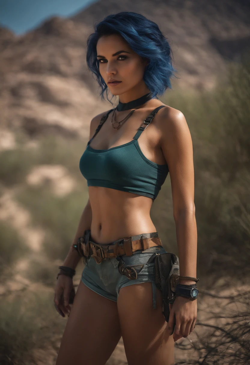Bright shot: 1.3), epic realistic, yellow eyes, girl raider, (one girl), light gray non-transparent short sleeve top, transparent fabric at the waist, wavy hair 1.4, (dark blue hair), short hair, dark blue and orange color scheme, (light green shorts), aesthetics of wasteland and canyons!!! n ruins, soft cinematic light, Adobe Lightroom, darkroom, HDR, intricacy, green bracelets on the arms, straps from red thrings over transparent fabric at the waist, thong under shorts