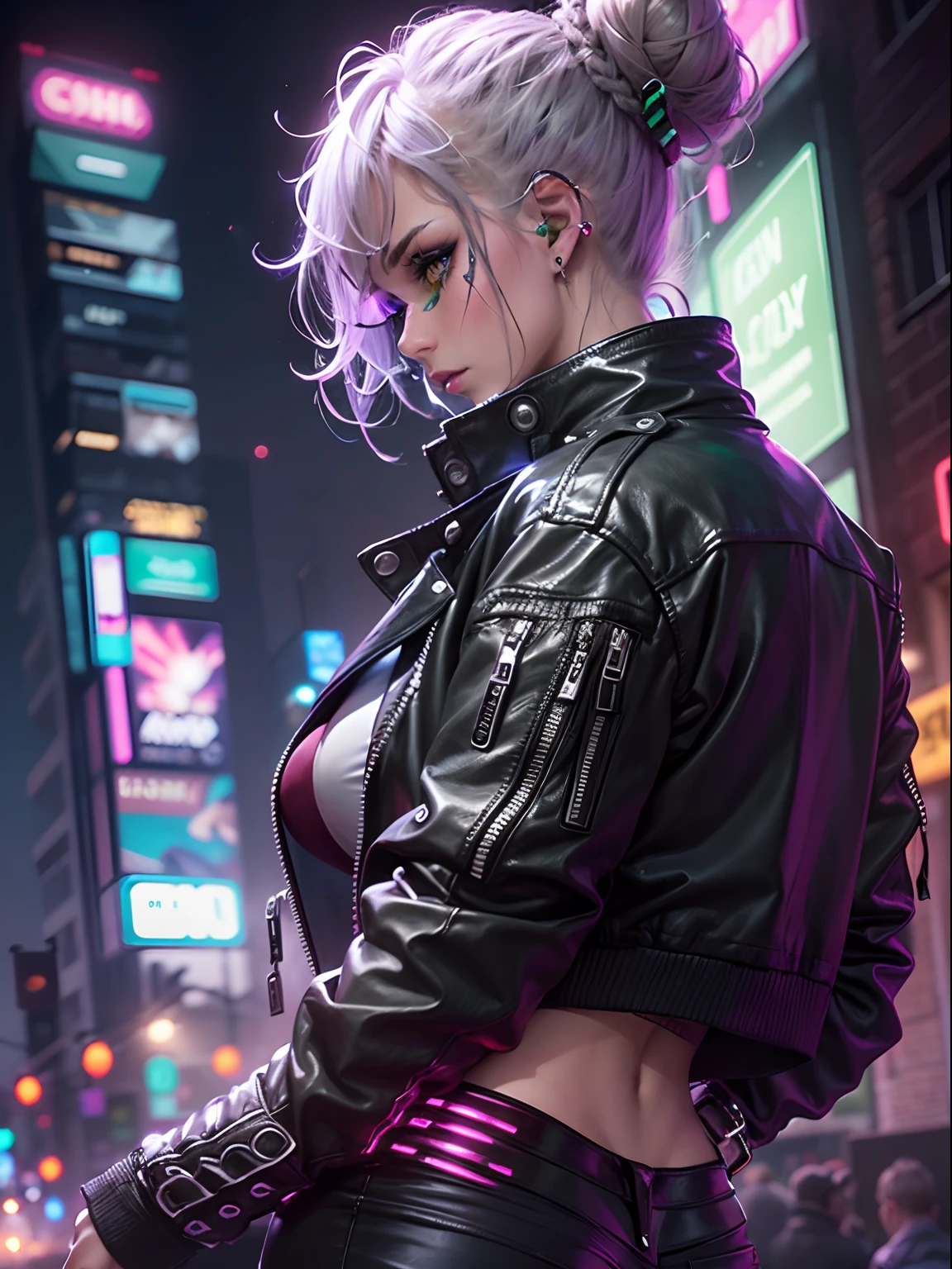(Masterpiece), (beste-Qualit), portraite of a, (ciberpunk),(Cirlla, girl, 18-year-old, light-grey hair,single bun haircut), (long single scar on his left eye, Green eyes, Black mascara and eyeshadow ), (leather jacket), (leather pants), white t-shirt, (Light source in the background), Sateen, the night, (neon lights), The city