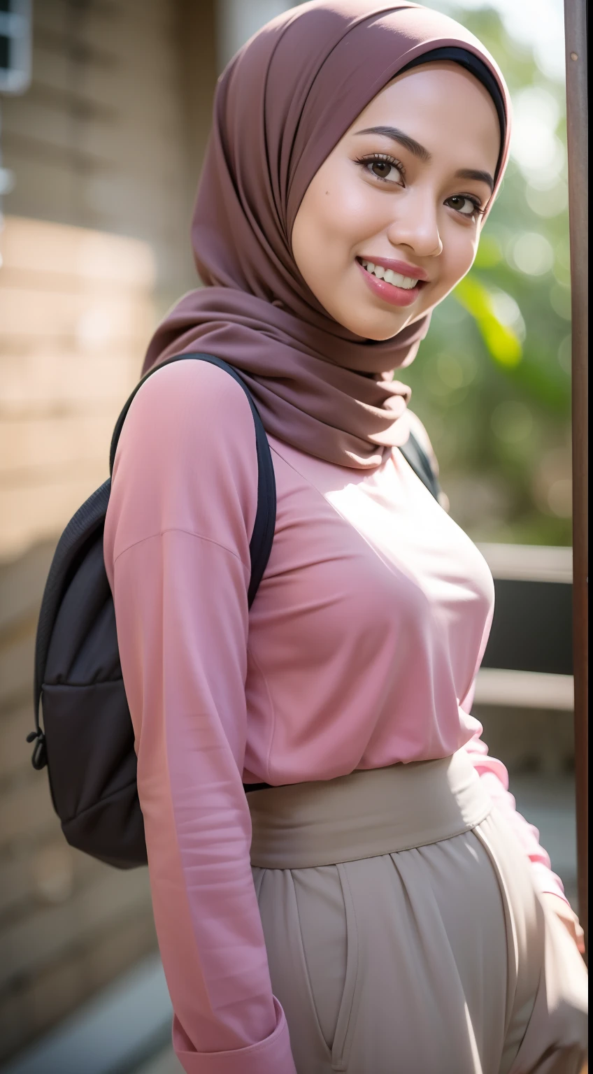 Malay girl in hijab wear big oversized loose blouse and high waist loose cotton pants, pastel color, seating, wear back pack, front view, detail skin, detail skin texture, mole below eyes, small breast, big hip, big waist, big thigh, slim abs, beautiful body, evening, laughing, happy, bright lighting, blur background, bokeh,