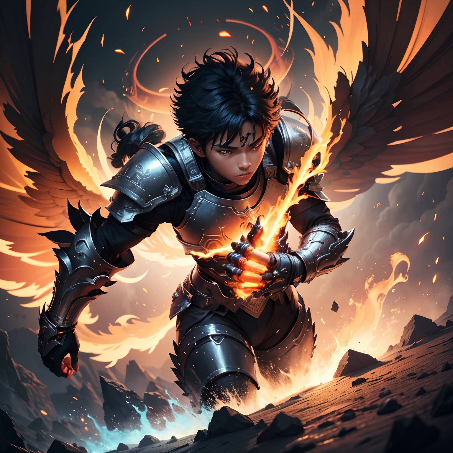 black -yeld adscent, fire manipulator/warrior, halo on the head, 2 gauntlets on the arms, with a tiger made of flames, medieval RPG, vibrant colors, glowing fire, detailed armor, intense battle pose, mystical background, dynamic lighting, high-resolution artwork. Rpg medieval
