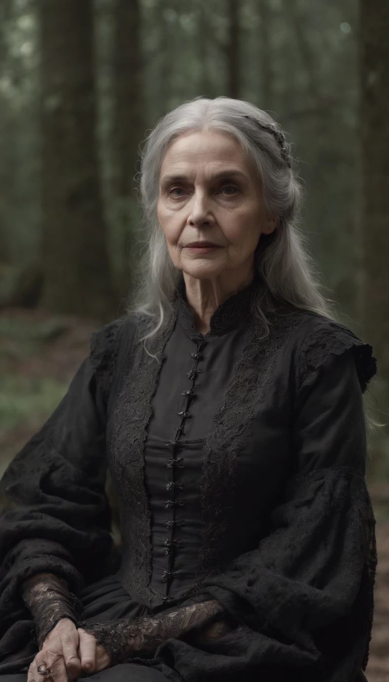 senhora, Half Body Sitting Gothic Clothes And Old And Unkempt Looking In 2023, 70 anos, velho, Detalhes em cinza, estilo realista