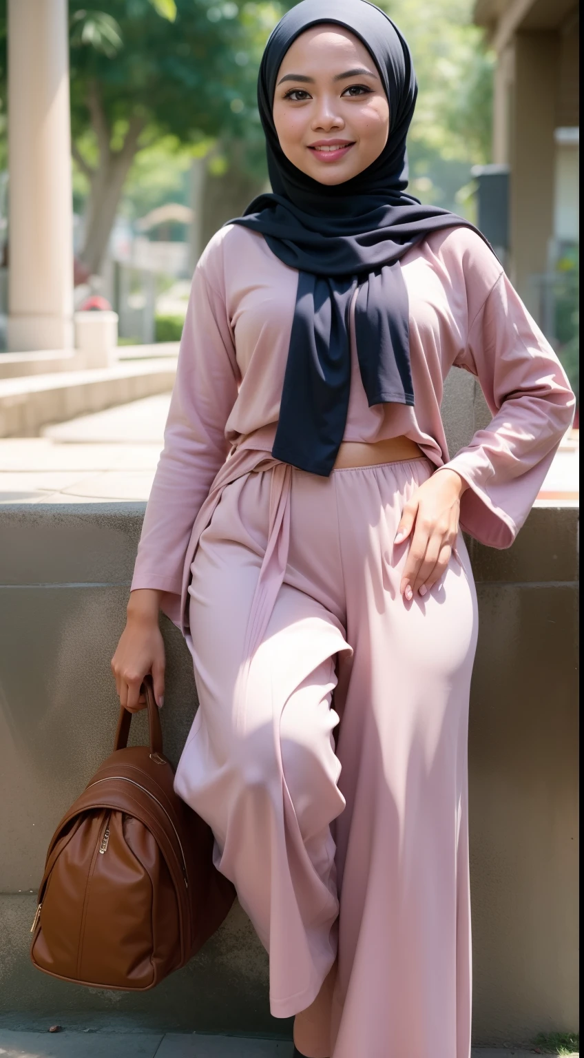 Malay girl in hijab wear big oversized loose blouse and high waist loose cotton pants, pastel color, seating, wear back pack, front view, detail skin, detail skin texture, mole below eyes, small breast, big hip, big waist, big thigh, slim abs, beautiful body, evening, laughing, happy, bright lighting, blur background, bokeh,