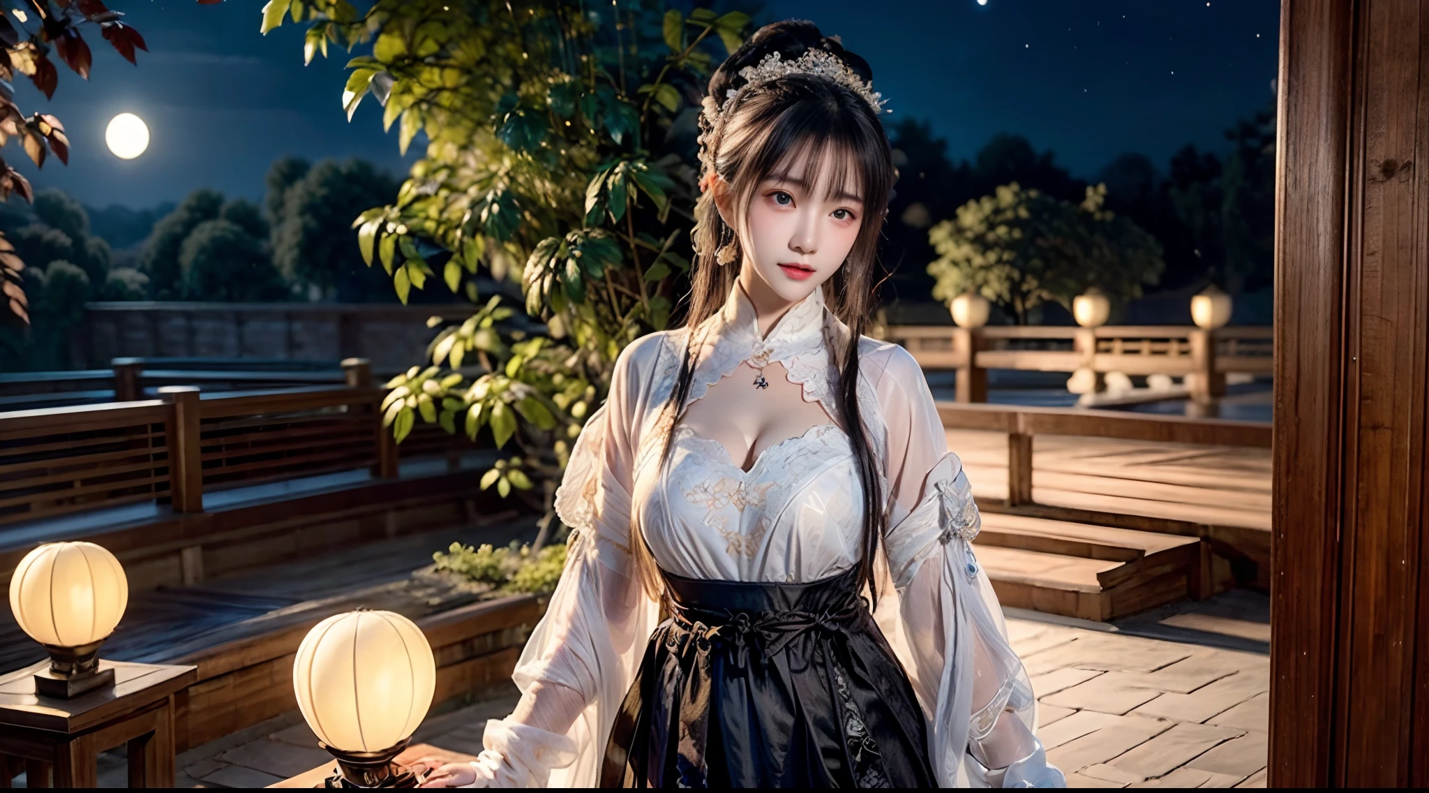 highly detailed, extremely detailed CG unity 8k wallpaper,HDR,best quality,professional,masterpiece,Ultra High Resolution,8k,Unreal Engine,photorealistic,realistic,physically-based rendering,perfect detail,super complex details:1.3),original,(realism,perfect lighting:1.1),Front view,look at viewer,watercolor, splash ink, ultra-high resolution, front lighting, intricate details, exquisite detail and texture, night, moon, 1 girl, Solo, (Young) , facial protrusions, upper body, details of the face, mole tears, shiny skin, colored black hair, colored black hair, ponytail, look at the audience, Big Blue Eyes, silk robe (hollow pattern, white, silk) , earrings,(Busty:1.2), slim figure (white robot torso: 1.2) , East Asian architecture, Riverside, Lotus Leaf, lotus flower, forest, professional lighting, photon mapping, light, physics-based rendering, Seven-doppelganger shot.