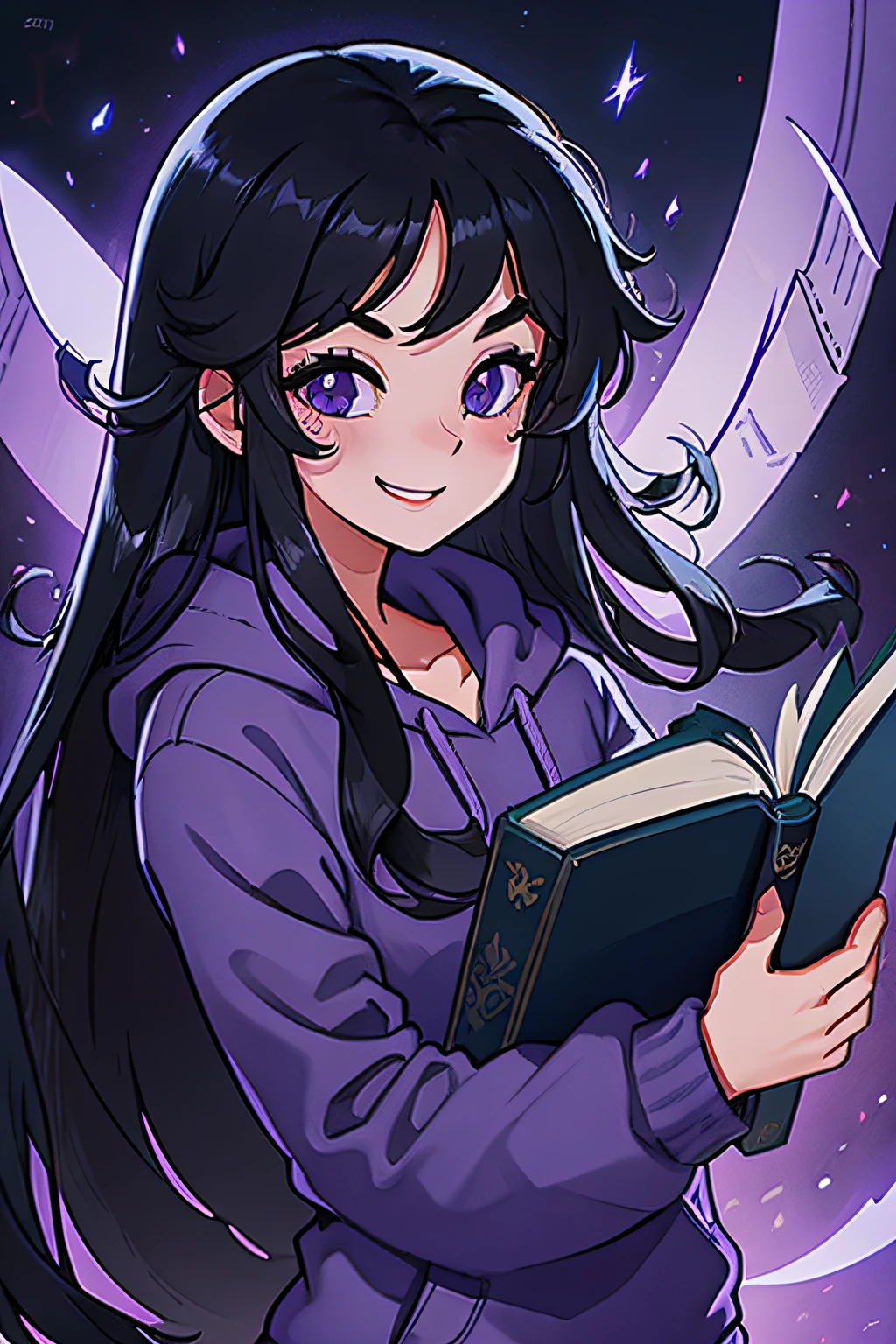 Draw character with long black hair, wearing a purple hoodie, smiling and holding a book, on a dark blue background