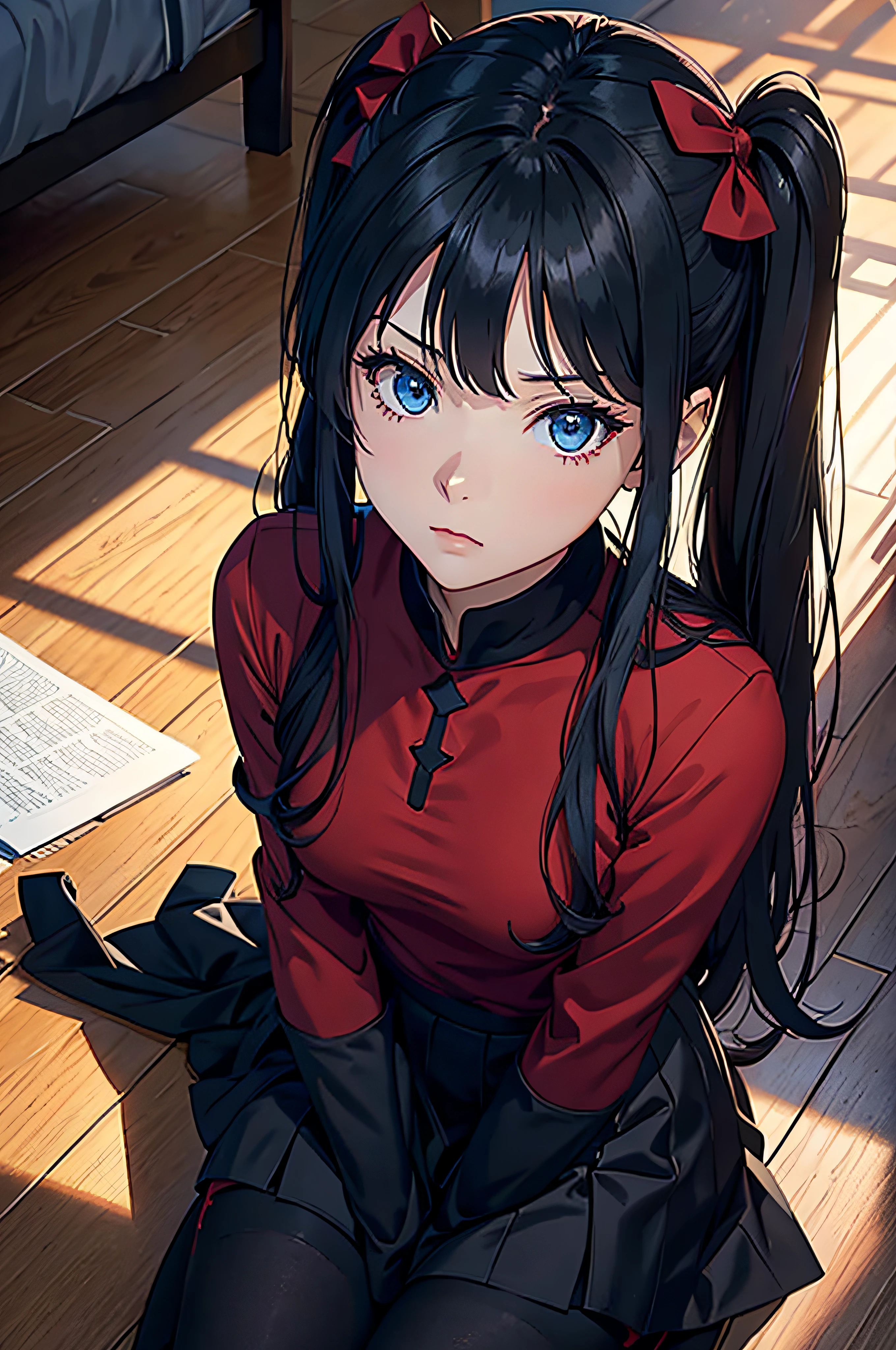 Rin Tohsaka, Fate/Stay Night, dynamic view from above,masterpiece, well detailed,characteristic clothes, long sleeve red cotton blouse, black skirt, black long stockings, long black hair, two pigtails, blue eyes, lying on a bed, bottom of the room, bottom depth, looking at the viewer, flirtatious face, pretty face, sunbeams, perfect body