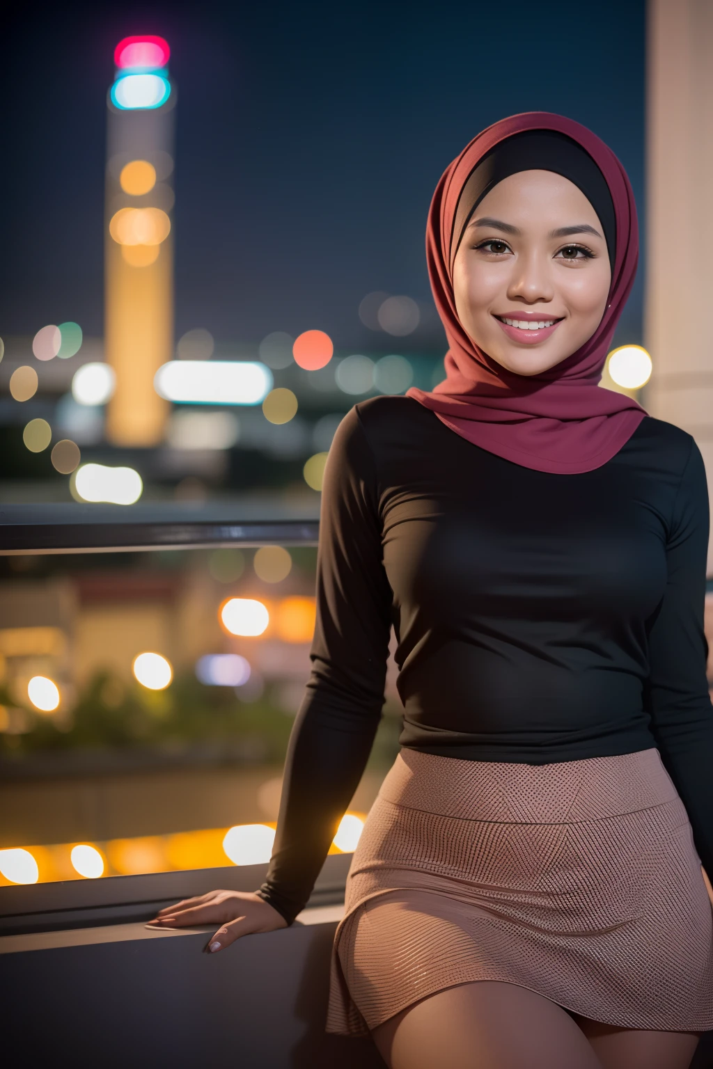 2 Matured malay women standing with seducing pose in the cafe , wearing hijab and tight baju kurung, smiling, matured, 40 years old, perfect body, matured body, detail skin texture, professional lighting, bokeh, nighttime, soft lighting, blur background, portrait photography, medium shot