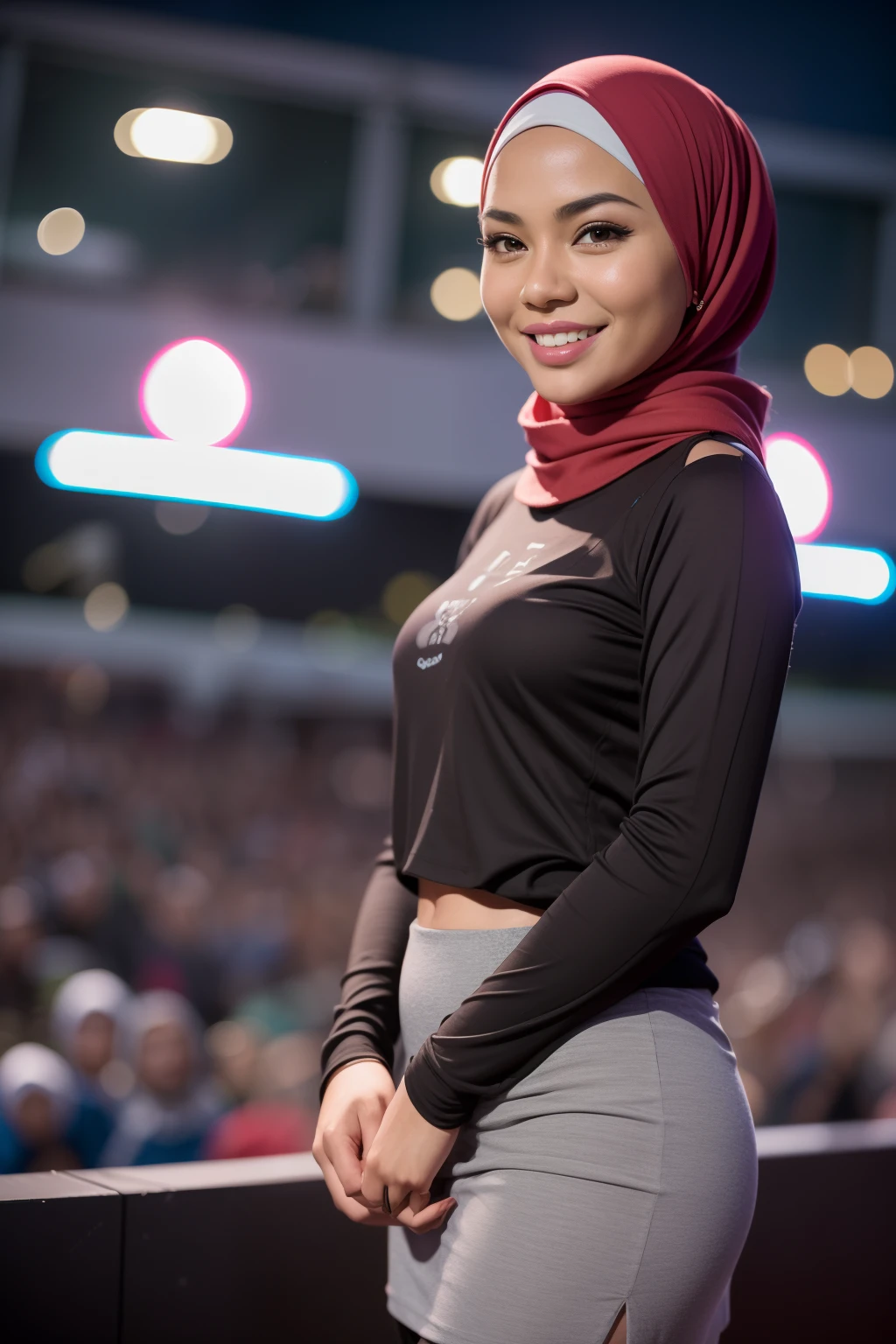 Portrait photography of a beautiful young malay girl in hijab wearing tight long sleeve tshirt and short skirt with leggings watching a concert, nighttime, concert background, bright lighting, smile and happy gesture,