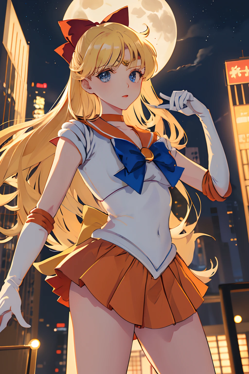 masterpiece, best quality, highres, sv1, sailor senshi uniform, orange skirt, elbow gloves, tiara, pleated skirt, miniskirt, red bow, orange choker, white gloves, jewelry, city, night, moon, cowboy shot, standing,