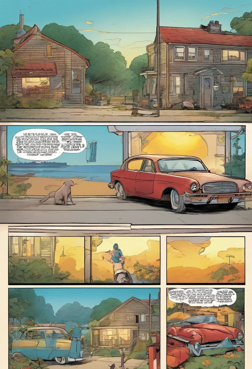 American comics, the comic story is presented in multiple irregular panels with color. The American Shorthair cat goes through hardships while running away from home and then reunites with its owner. The style is exaggerated and detailed
