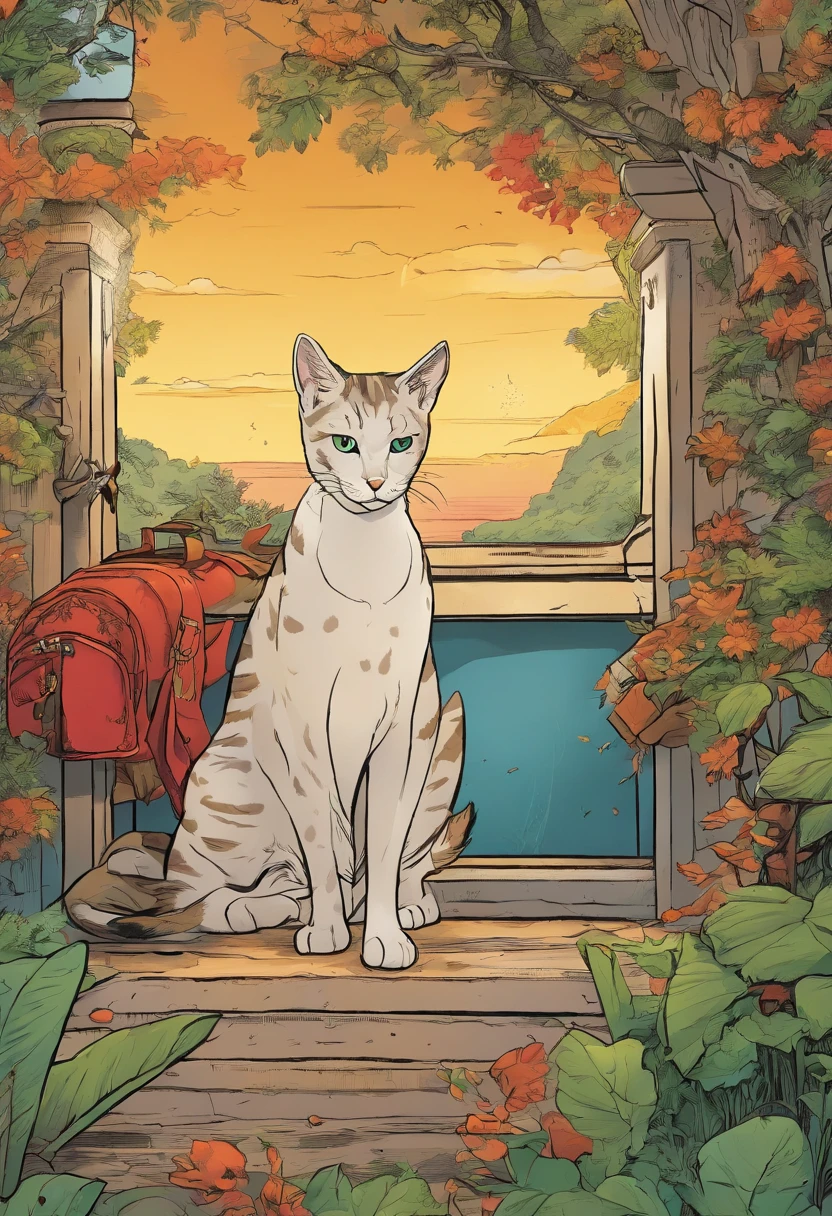 American comics, the comic story is presented in multiple irregular panels with color. The American Shorthair cat goes through hardships while running away from home and then reunites with its owner. The style is exaggerated and detailed