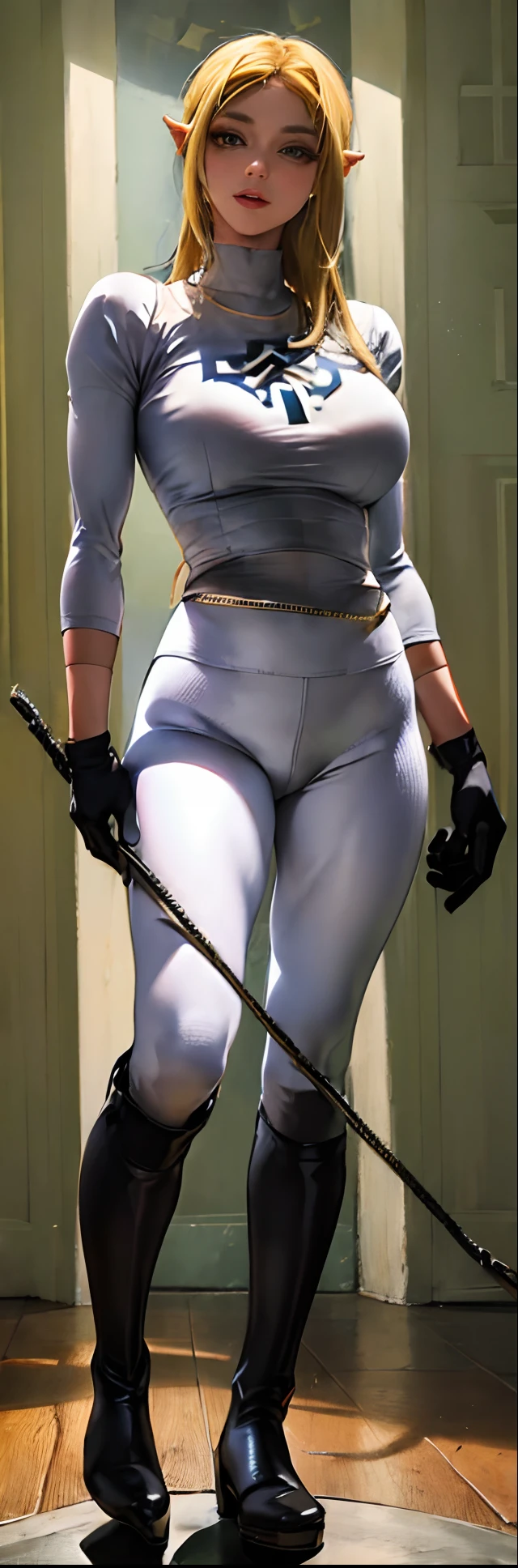 (highest resolution, distinct_image) best quality, a woman, solo, masterpiece, highly detailed, semi realistic, black cropped, black hair, bangs, 18 years old, mature, young, tall strong, uniform, military uniform,luxury hotel room background, cold, serious, tall, handsome, autocratic, powerful, exquisite facial features, exquisite facial features, (full body)(black knee-high boots:1.4)(dominatrix:0.3)(white Yoga pants:1.3),(gloves:1.5)(long sleeves),(active sportswear shirt),(princess Zelda),solo,1girl,(looking at viewer),(from below:0.8)(head turned upwards:0.3)(smiling:0.4)(bodysuit:0.3)(holding riding crop:1.2)(other hand empty)(muscular:0.2)