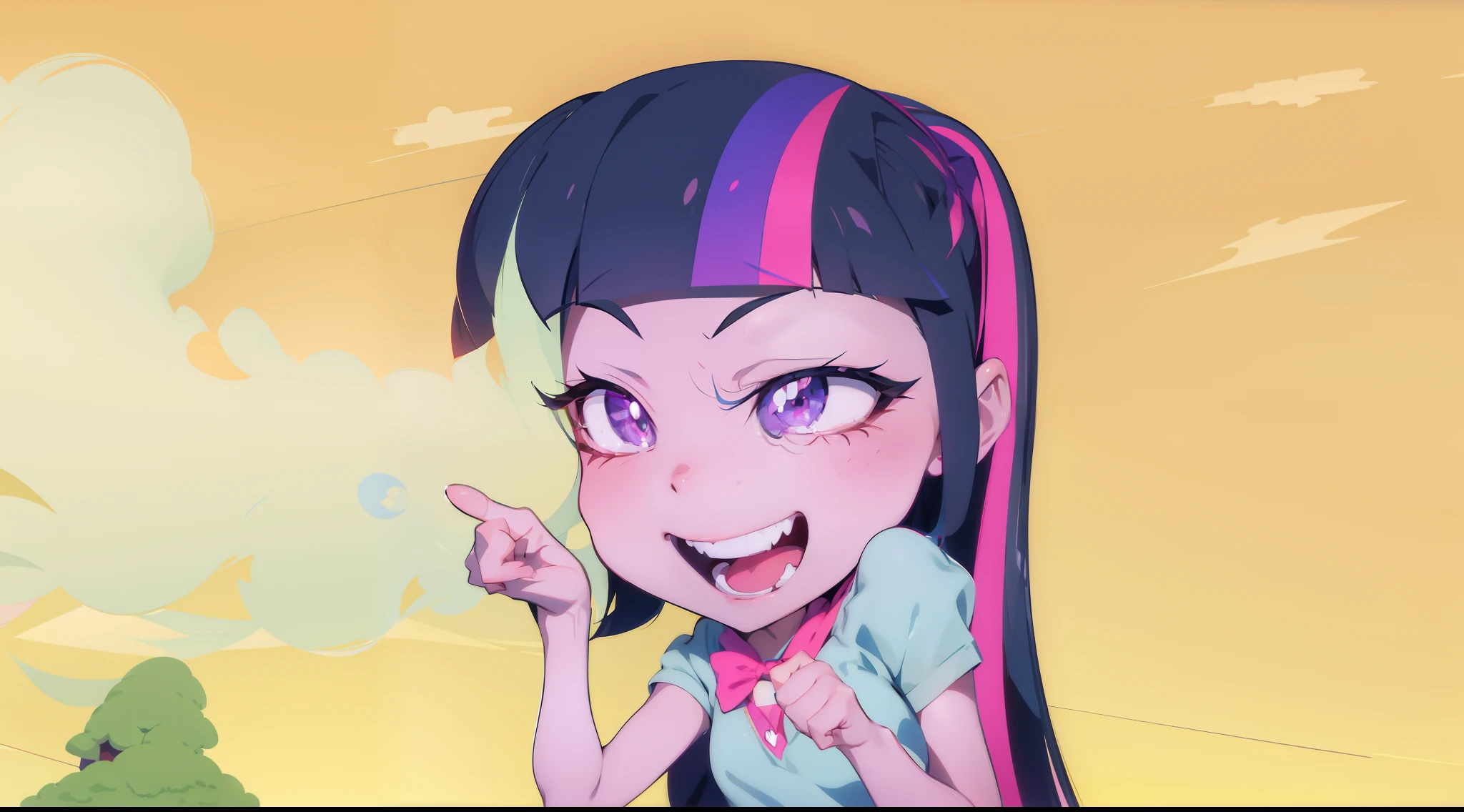 a close up of a cartoon girl pointing at something, cool twilight, twilight sparkle, dark cool twilight, giddy smirk, confident smirk, twilight ray, nefarious smirk, fim still, equestria, smug smirk, proud smirk, joyful smirk, wry smirk, windy mane, morning sunrise, dramatic smirk pose, mlp
