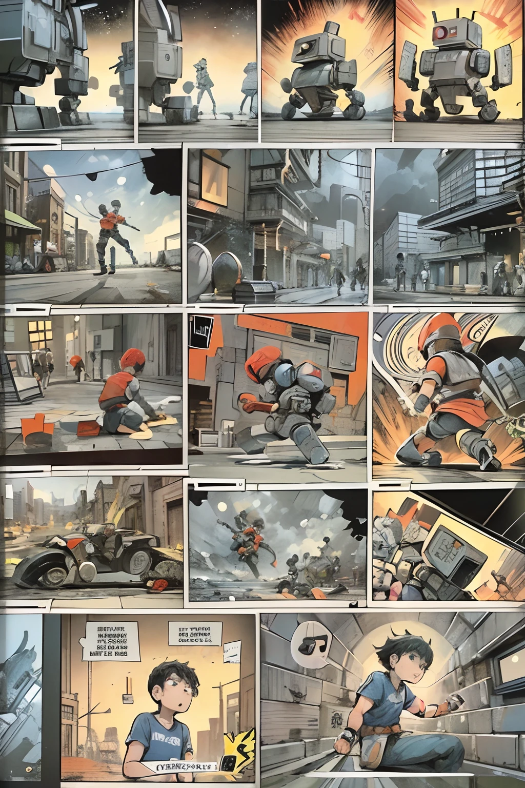 comic strip,Cartoon Split(4 or 5 or 6 tiles),Storyboard,Masterpiece, 。A young ager,JK,Stand up against robots。He tried to stop it in various ways,But all failed。 Enhanced detail