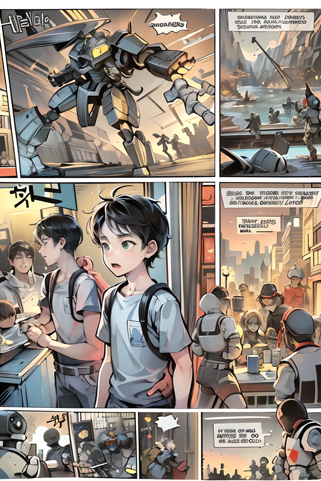 comic strip，Cartoon Split（4 or 5 or 6 tiles），Storyboard，Masterpiece, 。A young teenager，JK，Stand up against robots。He tried to stop it in various ways，But all failed。 Enhanced detail