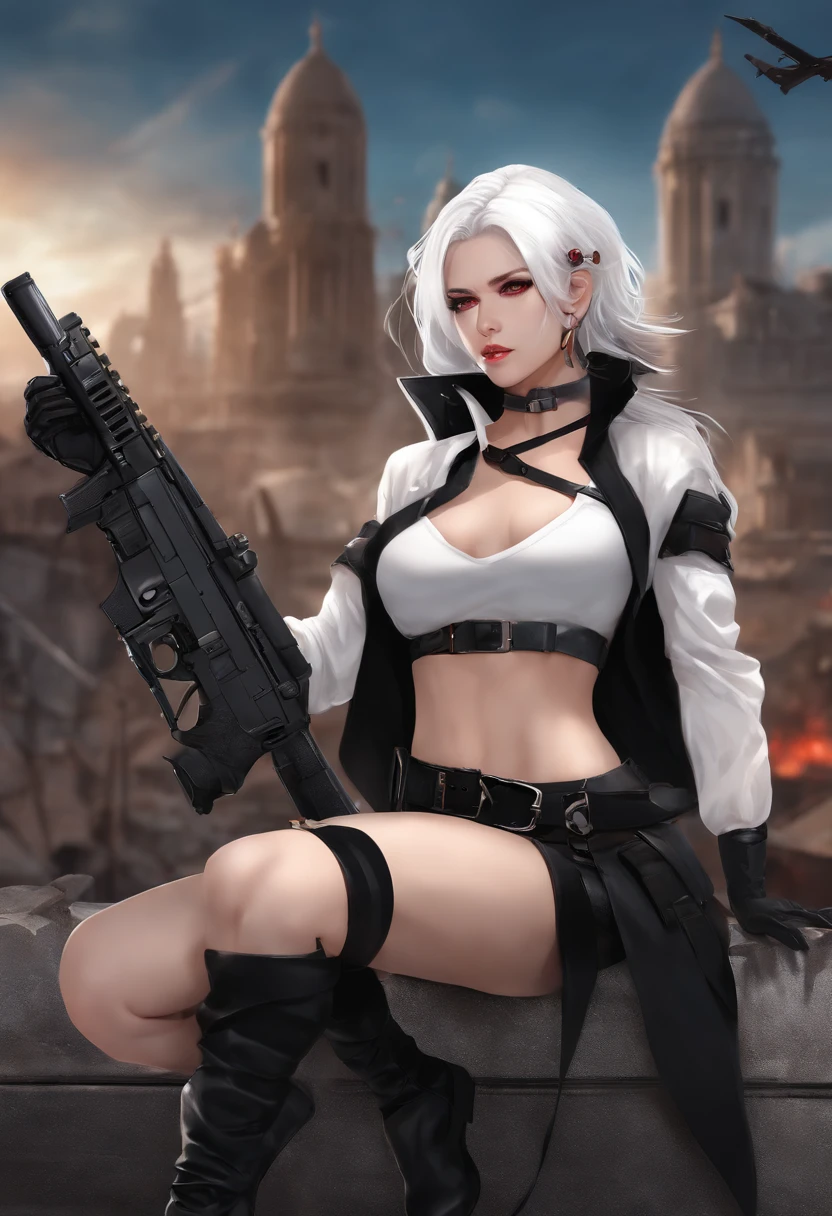 1girl, close up shot, (white hair, medium hair, large breasts, red eyes), perfect anatomy, city, cyberpunk style ((no shirt, black skirt, navel, belt, black gloves, neck tie, wrist watch, earrings, see through black leggings)), ((holding gun)), war, ruined city, battle field, rubble, buildings,cigarette