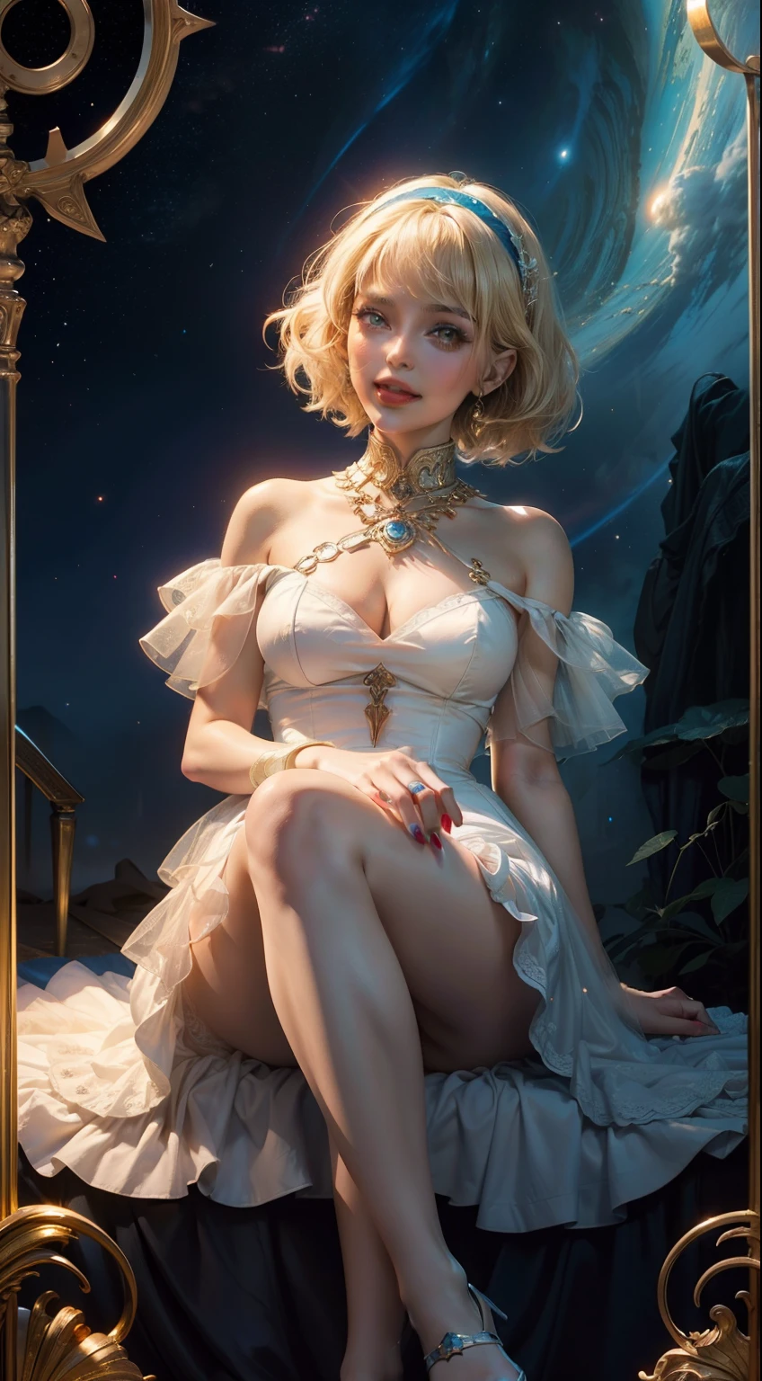 ( superior quality, portraits, masterpieces, bright lights), girl with short wavy blonde hair (((SHORT HAIR))), alice in wonderland under a cosmic rainbows, Feet and legs in white sheer stockings. Blue dress. Blonde hair. Blue hairband.
As a petite body like a preteen. She is laughing, with a big smile. Rose red lips. Golden eyeshadow. Glowing eyes.
She's stuck inside the tarot card "Time" and is trying to escape. Her face is Kim Kardashian's face. Pretty red lips, wide bright blue eyes, lovely face makeup. She is young and petite like a child.