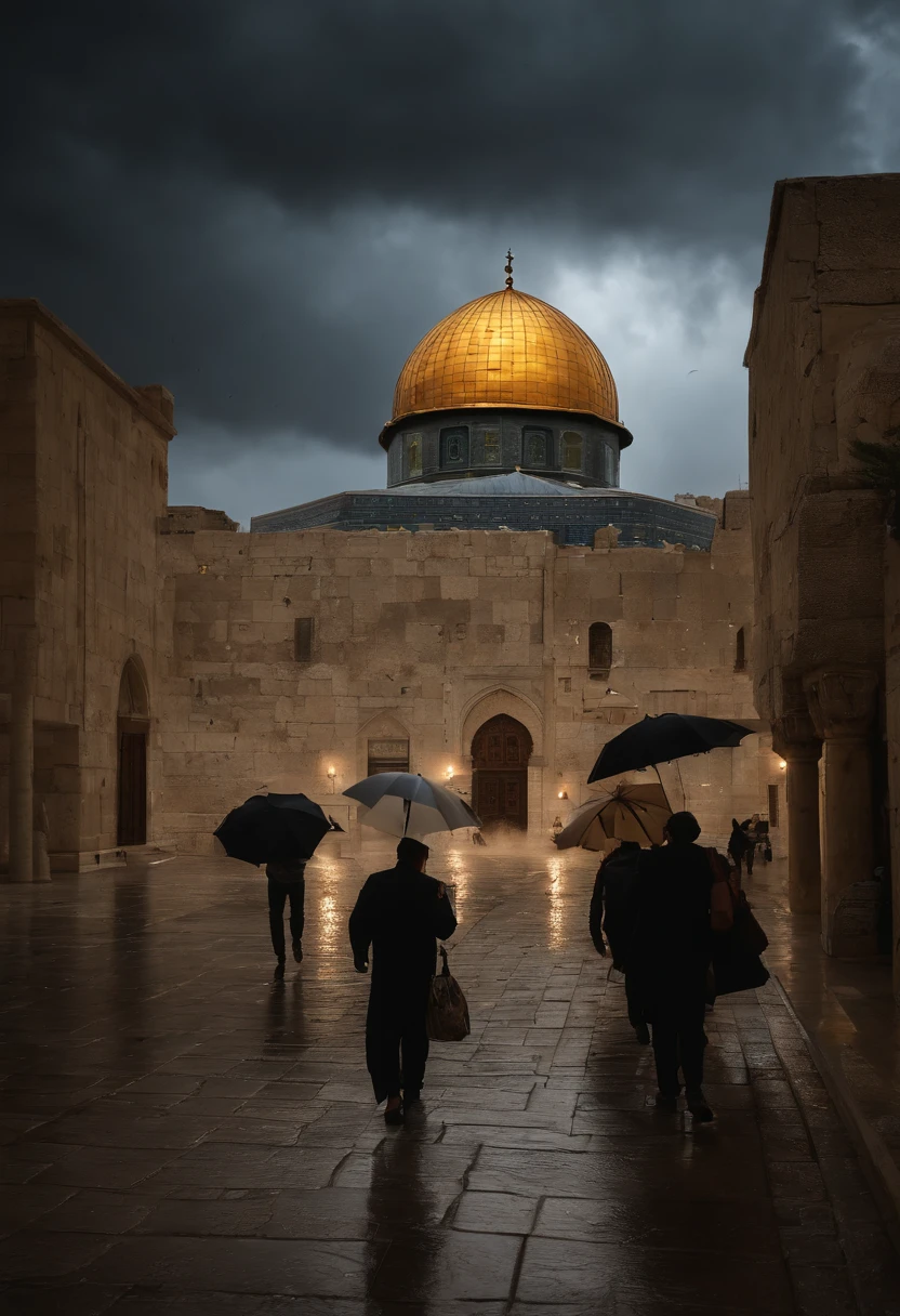 Experience the power and beauty of the Al-Aqsa storm as it rages through the Quds city
, with lightning crackling and winds howling, (best quality, 4k, 8k, highres, masterpiece: 1.2), ultra-detailed, (realistic, photorealistic, photo-realistic: 1.37), stormy skies, ancient architecture, heavy rain shower, dark clouds rolling in, illuminated cityscape, thunder echoing through the city streets, flashes of lightning illuminating the scene, streets filled with people seeking shelter, wind-swept trees bending under the force, imposing Al-Aqsa Mosque bathed in an eerie glow, cobbled streets glistening from the rain, atmospheric mood emphasized by dramatic lighting, strong gusts of wind blowing leaves and debris about, distant sound of thunder rumbling in the distance, ominous atmosphere, striking contrast between darkness and light, impressive details of the stormy weather, city skyline silhouetted against the menacing storm clouds, historic buildings standing strong against the raging storm, streets adorned with decorative lanterns swaying in the wind, dramatic composition emphasized by diagonal rain patterns, people huddled together under umbrellas, faint silhouette of birds soaring in the stormy sky, majestic storm engulfing the entire city, streets drenched in rainwater reflecting vibrant city lights.
