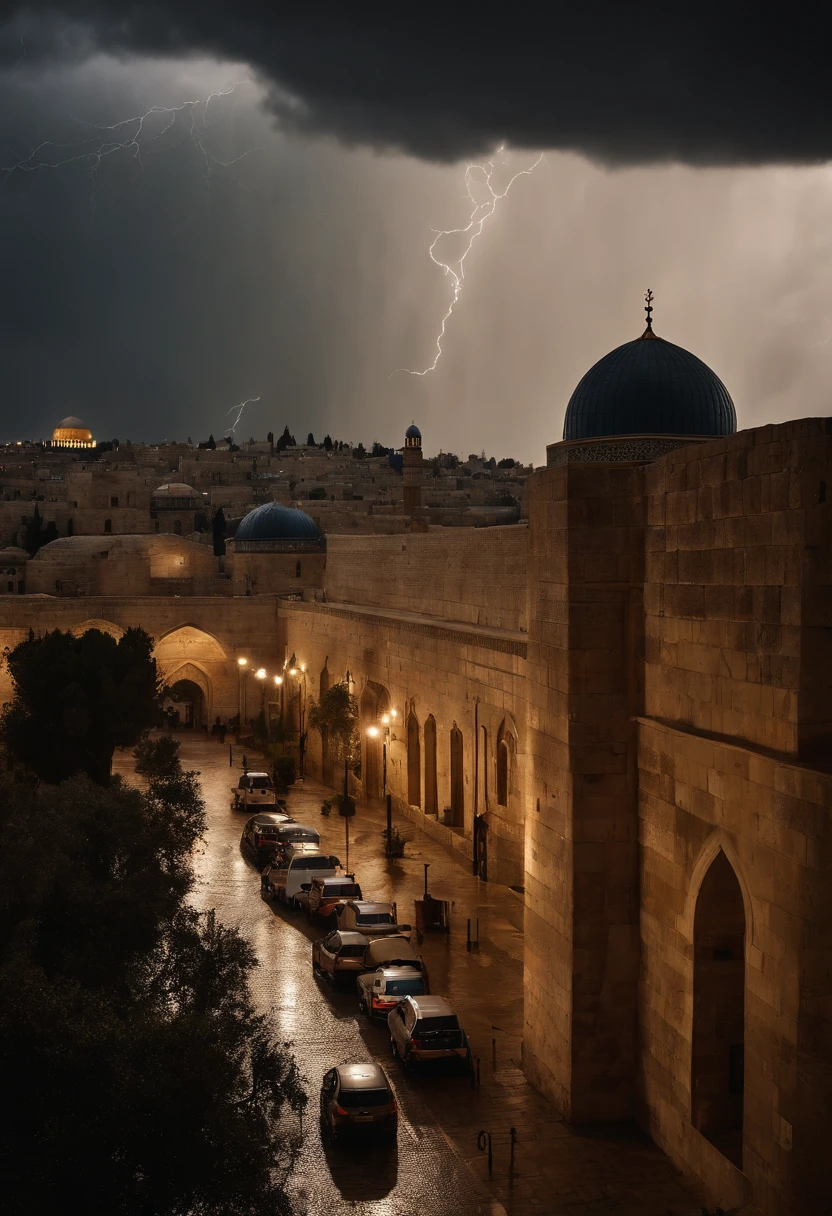 Experience the power and beauty of the Al-Aqsa storm as it rages through the Quds city
, with lightning crackling and winds howling, (best quality, 4k, 8k, highres, masterpiece: 1.2), ultra-detailed, (realistic, photorealistic, photo-realistic: 1.37), stormy skies, ancient architecture, heavy rain shower, dark clouds rolling in, illuminated cityscape, thunder echoing through the city streets, flashes of lightning illuminating the scene, streets filled with people seeking shelter, wind-swept trees bending under the force, imposing Al-Aqsa Mosque bathed in an eerie glow, cobbled streets glistening from the rain, atmospheric mood emphasized by dramatic lighting, strong gusts of wind blowing leaves and debris about, distant sound of thunder rumbling in the distance, ominous atmosphere, striking contrast between darkness and light, impressive details of the stormy weather, city skyline silhouetted against the menacing storm clouds, historic buildings standing strong against the raging storm, streets adorned with decorative lanterns swaying in the wind, dramatic composition emphasized by diagonal rain patterns, people huddled together under umbrellas, faint silhouette of birds soaring in the stormy sky, majestic storm engulfing the entire city, streets drenched in rainwater reflecting vibrant city lights.