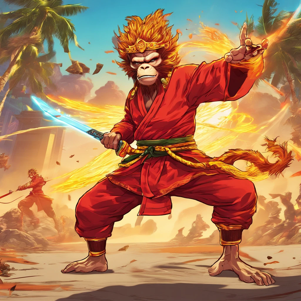 Monkey King in battle ::3 epic battle scenes, actionpacked, Dynamic composition ::2 Strong light illumination, Dramatic shadows, strong contrasts ::1 Martial arts poses, Agile movements, Acrobatic fighting style ::1 Whirlwind, Flying debris, energy blast
