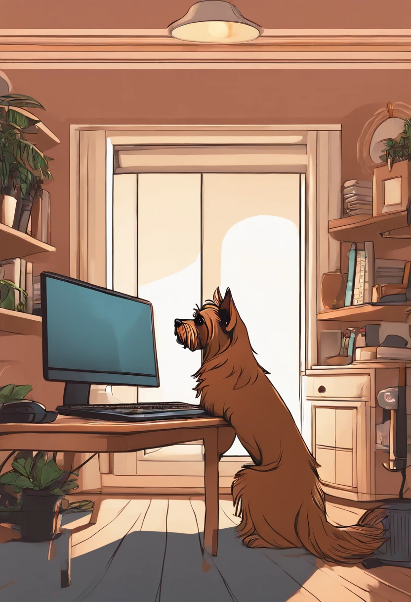 m quarto de trabalho com computador gamer, com mulher parda com cabelos longos e pretos com fones de ouvido utilizando a mesa com uma cachorro yorkshire terrier (pelos loiros e pretos) ao lado da mesa