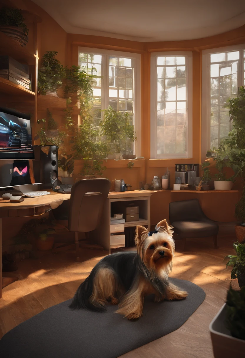 m quarto de trabalho com computador gamer, com mulher parda com cabelos longos e pretos com fones de ouvido utilizando a mesa com uma cachorro yorkshire terrier (pelos loiros e pretos) ao lado da mesa