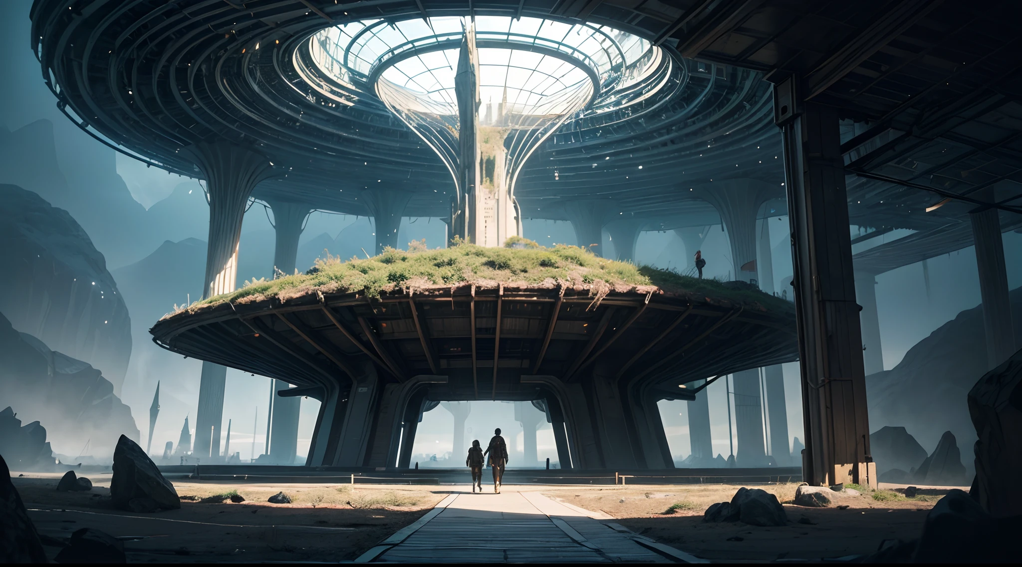 An off-world outpost in the best quality, 4k, 8k, highres, and a masterpiece with a scaling factor of 1.2, presenting ultra-detailed and realistic visuals. The outpost is set in an unknown distant planet, revealing a highly advanced civilization and cutting-edge technology. 

The main focus is a futuristic structure, gleaming with metallic materials and smooth surfaces. Its architectural design showcases a blend of geometric precision and organic curves, suggesting both elegance and efficiency. The outpost stands tall, emitting a soft, neon-like glow that contrasts beautifully with the dark, mysterious landscape surrounding it.

A bustling atmosphere fills the scene, with fully rendered humanoid robots gliding seamlessly through the environment. Their sophisticated appearances include intricate details such as glistening circuit patterns and delicately moving joints. The robots efficiently perform tasks, demonstrating their seamless integration into the outpost's operations.

In the background, sprawling alien flora can be seen, with vibrant colors and unusual shapes. These plants emit a subtle bioluminescent glow, creating an otherworldly ambiance. The air is tinged with a mix of fresh scents and metallic undertones, suggesting the presence of advanced life-support systems within the outpost.

The lighting in the scene is atmospheric and captivating. Variations of soft, diffused light pour from strategically placed sources, casting gentle shadows that enhance the three-dimensional feel of the outpost and its surroundings. The interplay of light and shadow adds depth and realism to the visual narrative.

The overall color palette is a harmonious blend of cool and warm tones. The metallic structures exhibit shades of metallic silver and hints of iridescent blues, evoking a sense of technological advancement and sophistication. The surrounding landscape and alien flora feature soft pastel hues, showcasing the beauty and diversity of the off-world environment.

In summ