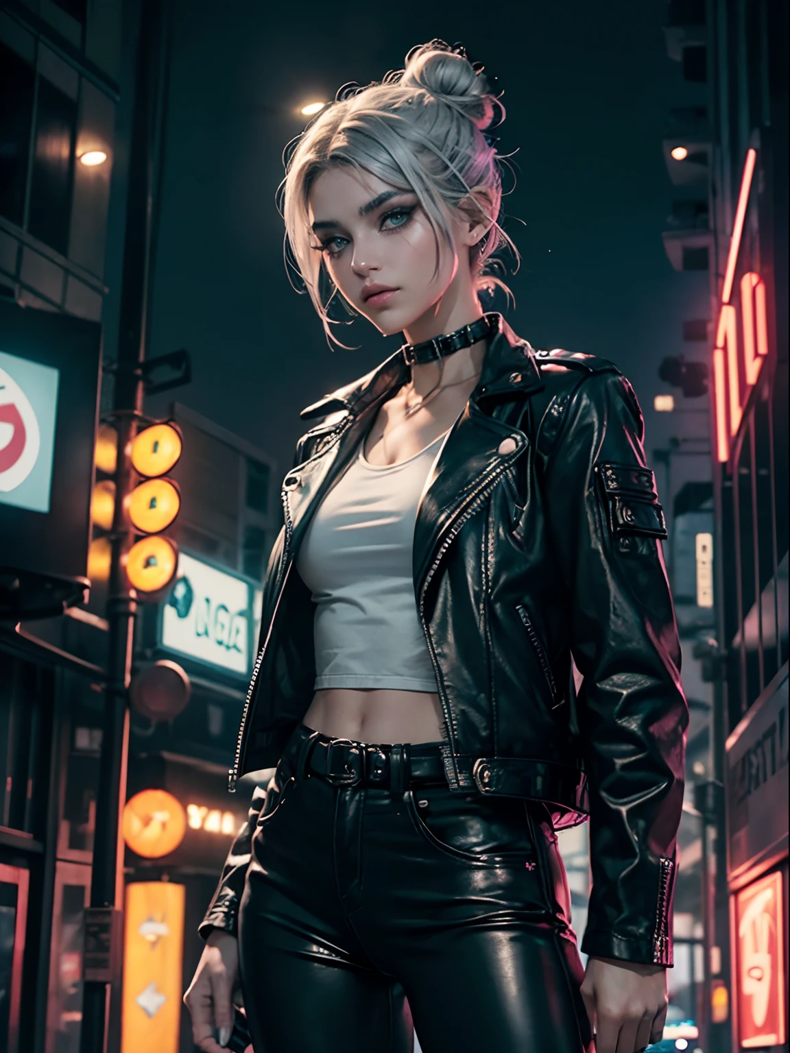 (((of the highest quality: 1.4))),(unparalleled masterpiece ever), (Ultra high definition),(Ultra-realistic 8K CG), offcial art、 (((adult body))), (((1girl in))), ((( Bob Shorthair ))), Punk girl with a perfect body, Jacket with metal spines,Beautiful and well-groomed face,,Detailed punk fashion,leather jackets, (Image from head to thigh),(( White Blonde Bob Shorthair )), Small leather panties, Simon Bisley's urban savage style,Detailed London street background,Clean abs, Complex graphics, Dark pink with white stars and gray and white stripes, (( Many poison tattoos )), ,