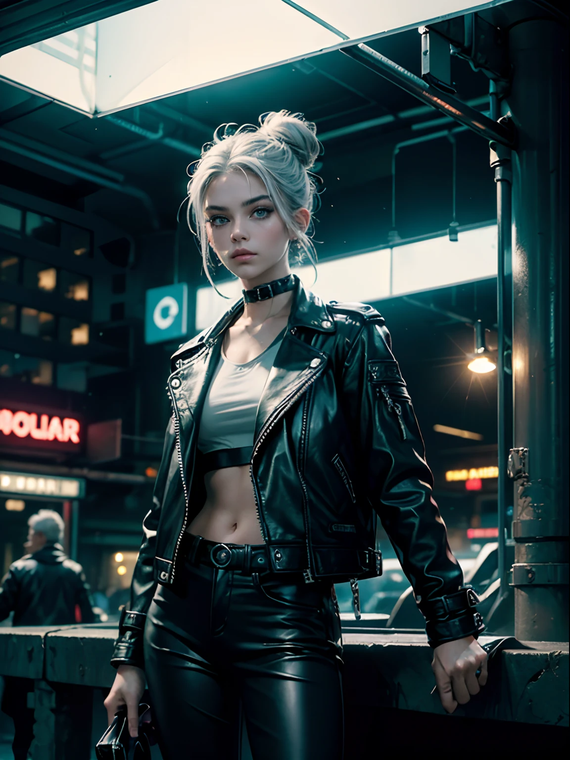 (Masterpiece), (beste-Qualit), (side glance), (ciberpunk),(Cirlla, Girl, 18-year-old, light grey hair,Single bun haircut),the night, Sateen, (A long scar on his left eye, Green eyes, Black mascara & eyeshadows ), (leather jacket), (leather pants), (white tshirt) ,Standing, (looking to the sky), (Light source in the background), (neon lights), The city