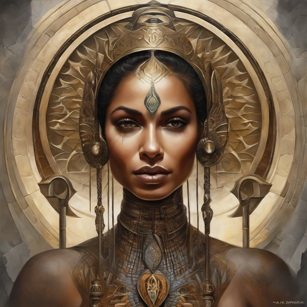 Futuristic indigenous futurism,Actress Priyanka Chopra as an advanced cybernetic cyborg Hindu goddesses of war, Sensualidade,Artistic details,mitologia hindu cyberpunk,epic sci-fi fantasy, Centrado,in the style of Nick Alm fantastic futuristic fantasy compositions, prisma escuro, Escuro, Metal compositions, symmetrical arrangements, Cybernetic ethereal iridescent metallic colors , narizes distintos, Ethereal,respingo de sangue colorido, Attractive metallic compositions, Symmetric geometry, narizes distintos, Gothic references, with bold lines and strokes of black,Branco,vermelho, ouro e prata, fantasy science fiction art, uma pintura detalhada, ,Alex Alemany mescla Karol Bak