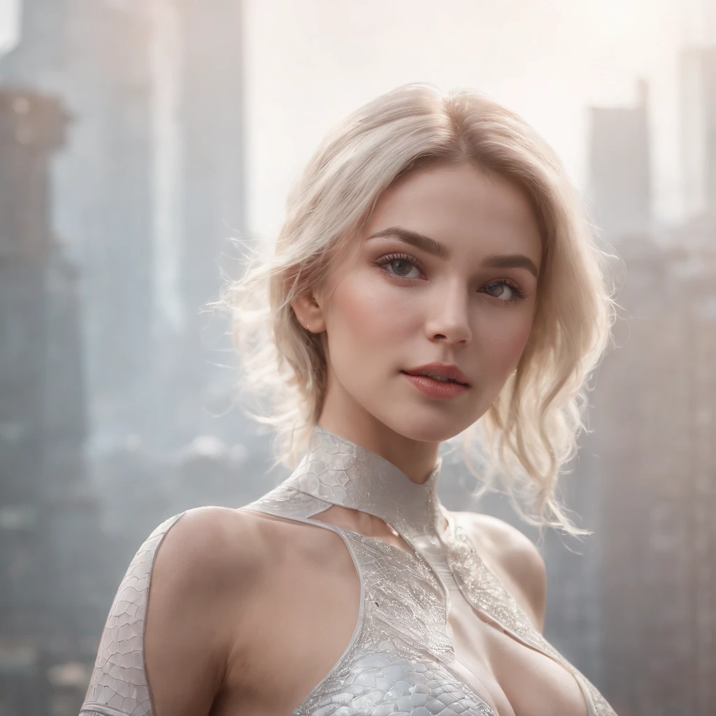 Una chica muy flaca, rubio, muy feliz, Futuristic city, era espacial, piel blanca, cabello ondulado, cuerpo completo, Cuerpo muy detallado, Cara muy detallada, piel brillante, Detallado_rubio_cejas, Beautiful_ojos, Piel realista, ultrarrealista, Sharp, highly detailed focus, 8k, cuerpo completo, desnuda