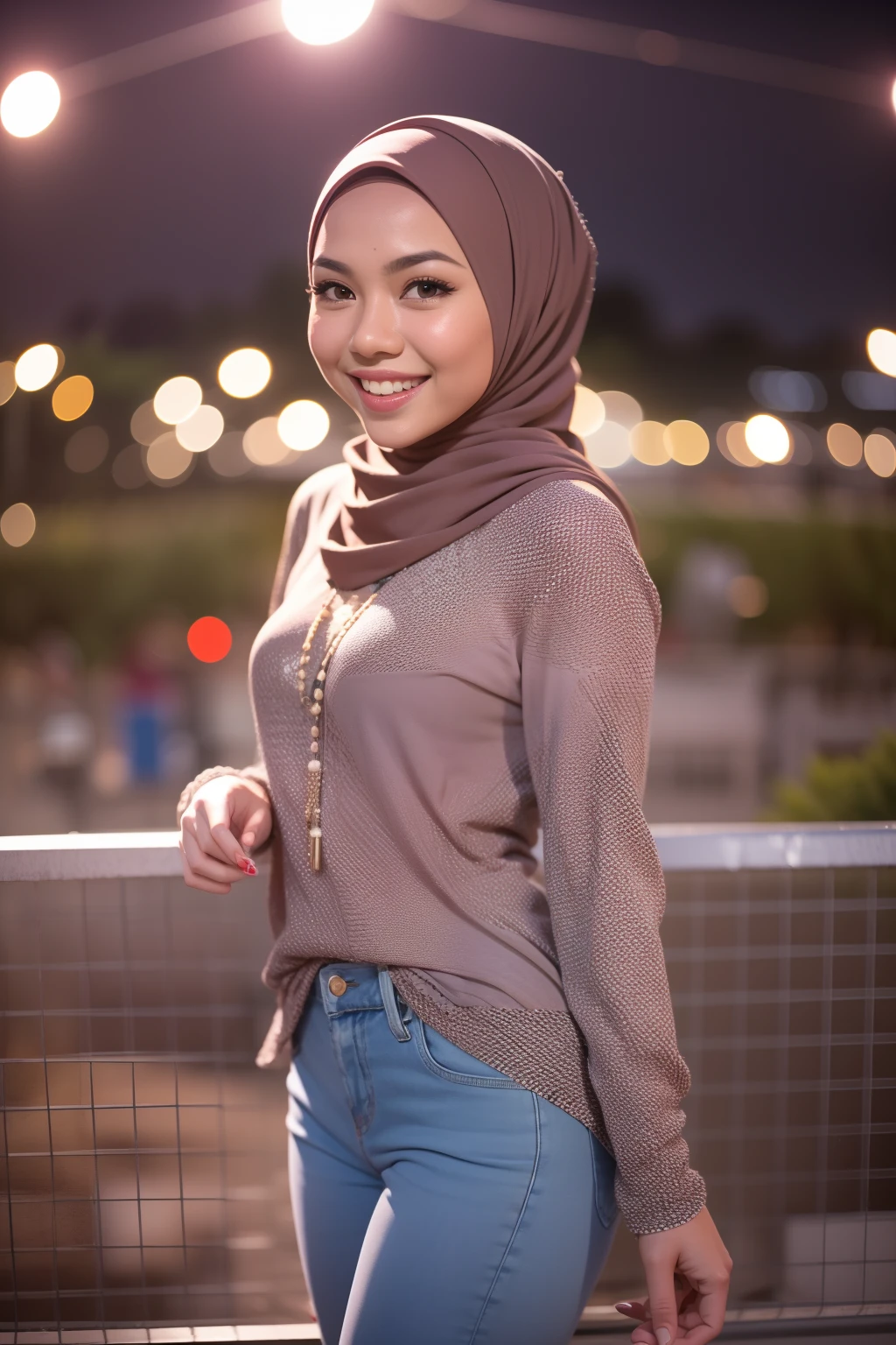 Portrait photography of a beautiful young malay girl in hijab wearing tight long sleeve rock tshirt and white jeans watching a concert, nighttime, concert background, bright lighting, smile and happy gesture,