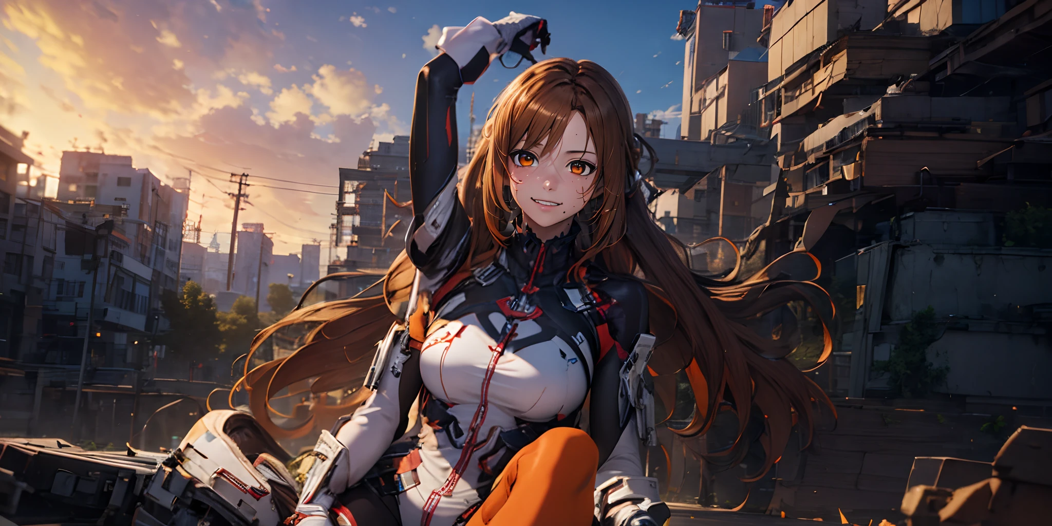 (orange-brownish chestnut hair long hair:1.6), orange eyes, 1girl, bodysuit, 1girl, plugsuit, sky, cloud, skyscraper, outdoors, holding, solo, building, power_lines, gloves, breasts, can, two_side_up, orange_hair, sitting, sunset, pilot_suit, small_breasts, floating_hair, looking_at_viewer, interface_headset, full_body, day, closed_mouth, light_smile, cityscape, glow effects, godrays, Hand drawn, render, 8k, octane render, cinema 4d, blender, dark, atmospheric 4k ultra detailed, cinematic, Sharp focus, big depth of field, Masterpiece, colors, 3d octane render, 4k, concept art, trending on artstation, hyperrealistic, Vivid colors, extremely detailed CG unity 8k wallpaper, trending on CGSociety, Intricate, High Detail, dramatic, glowing eye