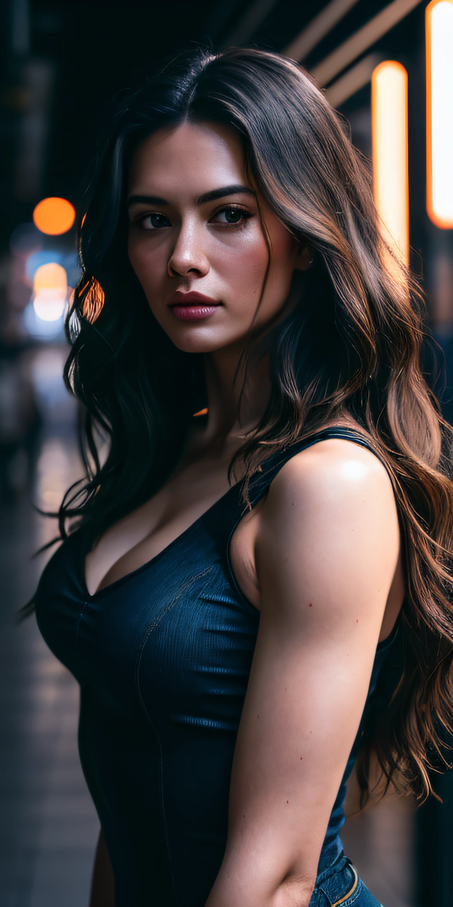 Full face portrait photo of a 25-year-old European girl, RAW, beautiful woman, semi-open strawberry lips, dimples, wistful look, (extra long wavy brown hair), ((detailed face)), ((detailed facial features)), (finely detailed skin), pale skin, (deep neckline detailed high-tech cyberpunk dress), cyberpunk megacity environment, (cool colors), damp, damp, reflections, (masterpiece) (perfect proportion)(realistic photo)(best quality)  (detailed) shot on a Canon EOS R5, 50mm lens, F/2.8, HDR, (8k) (wallpaper) (cinematic lighting) (dramatic lighting) (sharp focus) (intricate), RAW photo, RAW photo, gigachad photo, posing for camera, black jeans, back arms, 8k uhd, dslr, high quality, grain film, Fujifilm XT3, film stock photography 4 kodak portra 400 camera f1.6 lens rich colors hyper realistic texture dramatic lighting unrealengine trend in artstation cinestill  800 tungsten, toughboy style, ultra focus face, intimidating, in fighting position, short messy hair, muscular, bursting veins, beaded