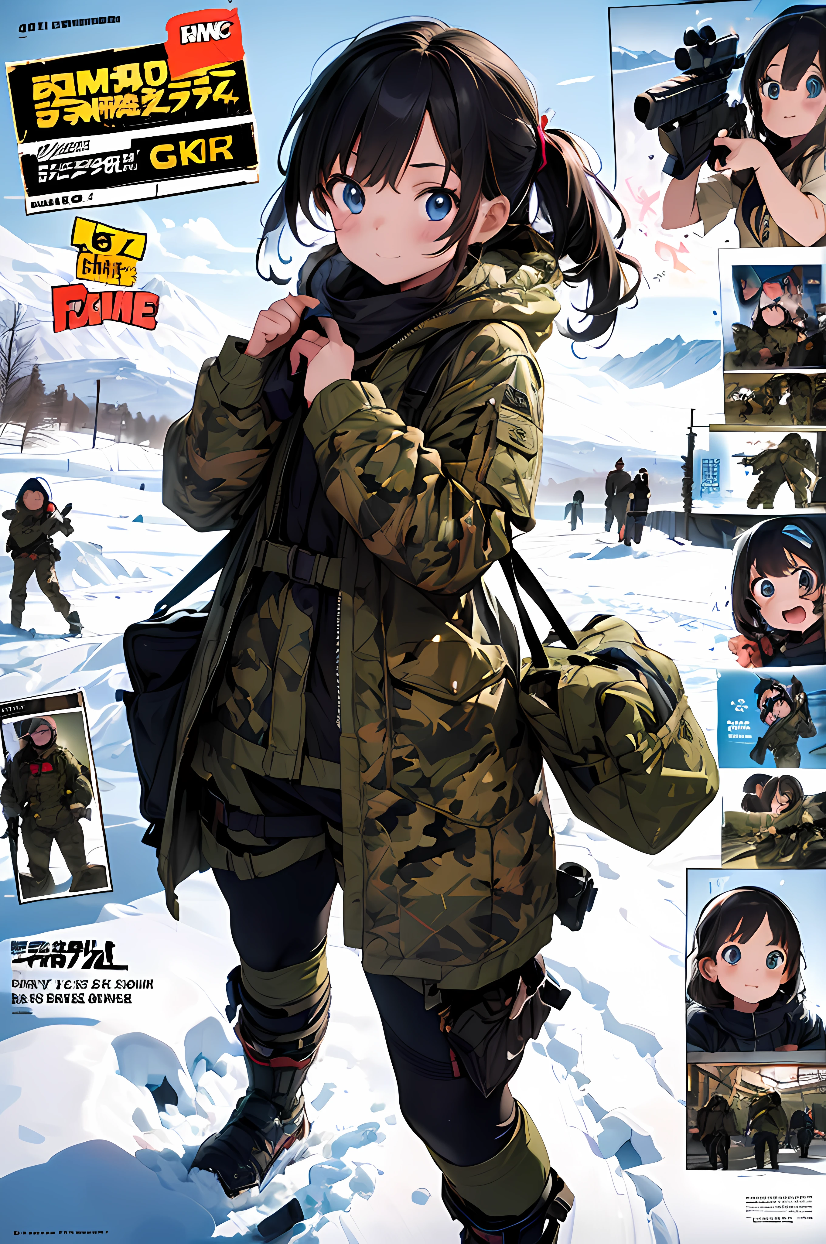 comic_book_cover:1.5, a *********** goes paintballing, dressed in camouflage fatigues, holding a paintball rifle, (8k masterpiece, RAW anime photo, best quality:1.3),