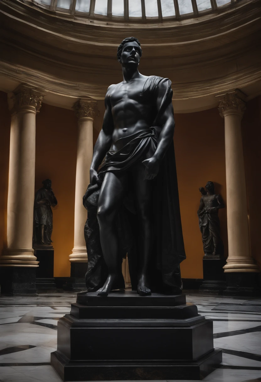 Photograph of a full-length black marble statue of Marcos Aurelio, forte musculoso, triunvirato , fundo neutro, Moody, , fotorrealista, cinematographic scene, super detalhada, hiper realista, luzes brilhantes, 8 K --auto --s2