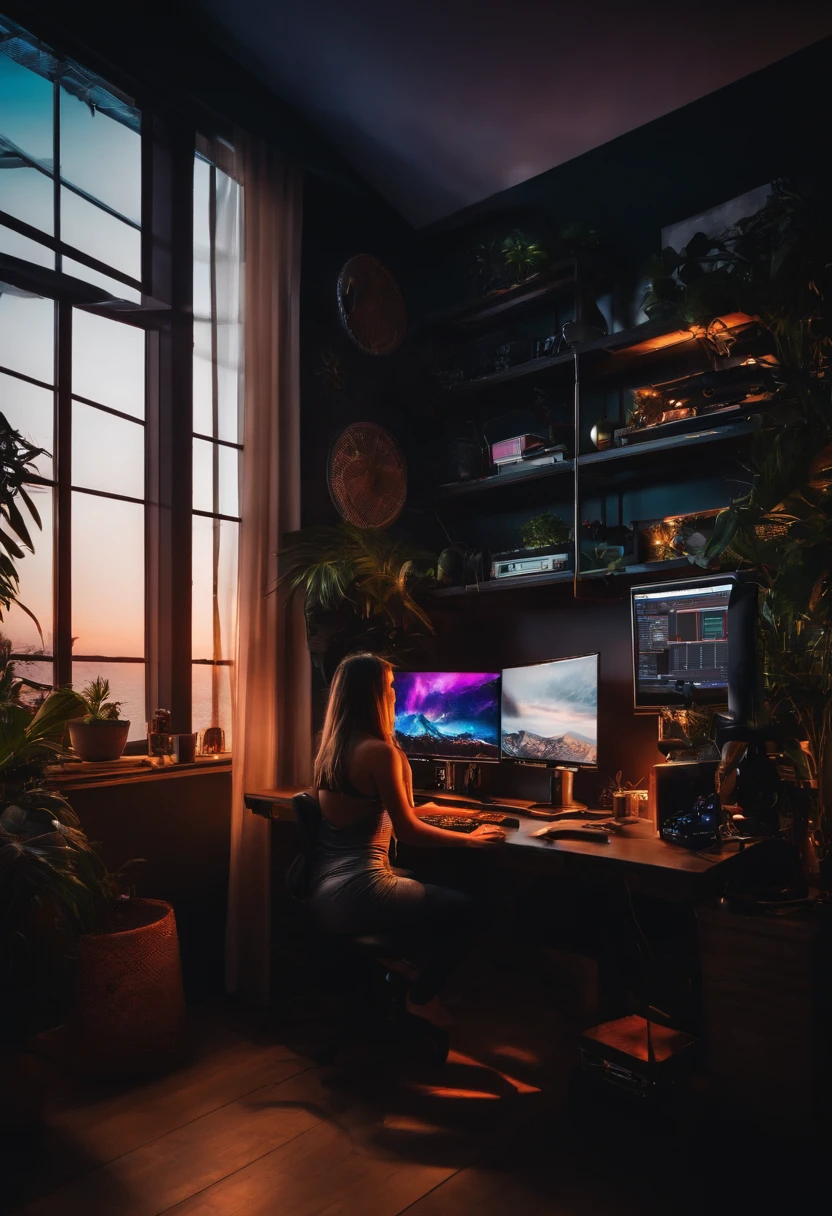 m quarto de trabalho com computador gamer, com mulher parda de cabelos longos e pretos com fones de ouvido