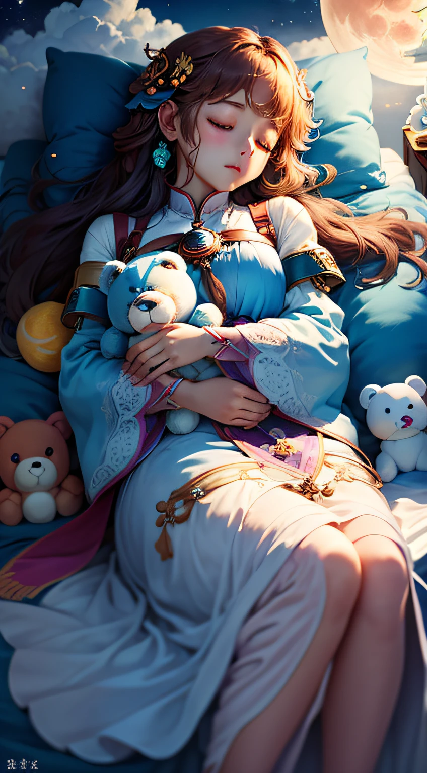 colorful、on clouds、kosmos、Big Moon、realistic、The girl is sleeping、Only one stuffed animal、超A high resolution