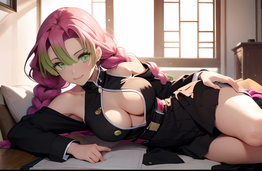 Mitsurikan Log, mitsuri kanroji, braid, Gradient Hair, (Green eyes:1.5), Green hair, Long hair, Mole, Mole under the eyes, multicolored hair, Pink hair, Twin braids, Two-tone hair, Brake belt, Black skirt, cleavage, coat, demon slayer uniform, haori, Komono, Long sleeves, Miniskirt, partially unbuttoned, Pleated skirt, Skirt, uniform, BREAK looking at viewer, Break indoors, BREAK (masutepiece:1.2), Best Quality, High resolution, Unity 8k壁纸, (Illustration:0.8), (Beautiful detailed eyes:1.6), extra detailed face, Perfect Lighting, extremely details CG, (Perfect hands, Perfect Anatomy),colourful hair, The whole body is reflected, (Off-the-shoulder costumes:1.5), ((chest wide open and exposed)), (Smile), Sitting on a chair, legs crossed, Hands behind the head, Showing the side