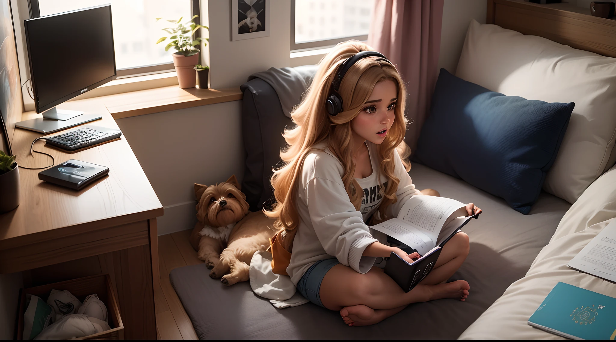 m quarto de trabalho com computador gamer, com mulher parda de cabelos longos e pretos com fones de ouvido utilizando a mesa com uma cachorro yorkshire terrier (pelos loiros e pretos) ao lado da mesa