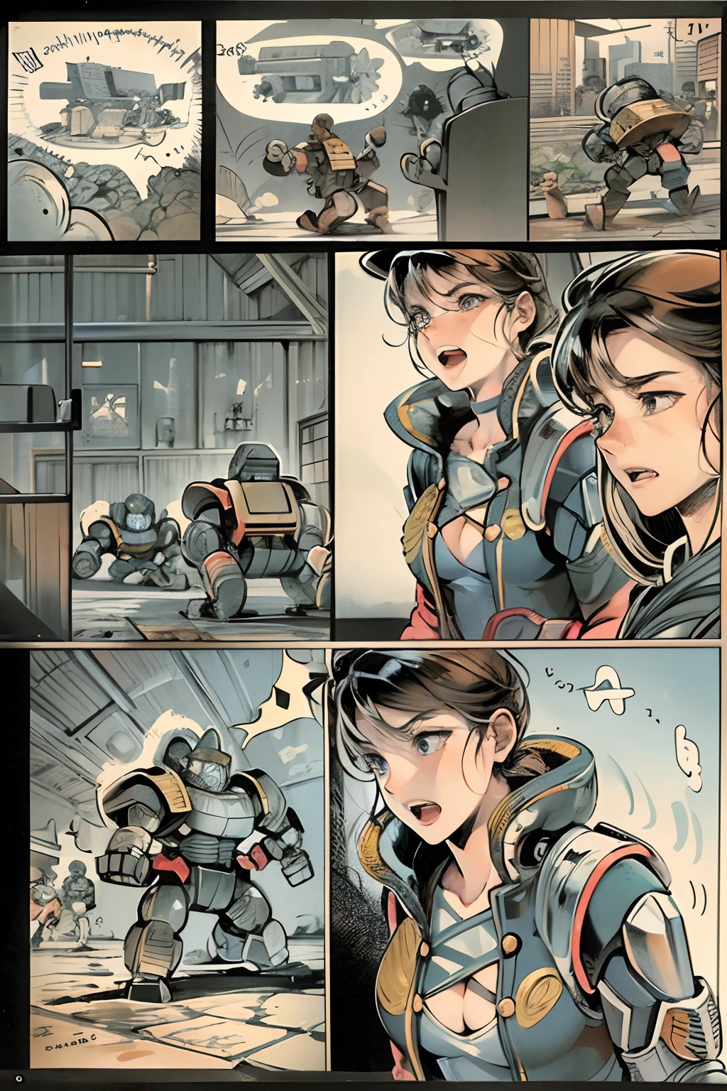 comic strip,Cartoon Split(4 or 5 or 6 tiles),Storyboard,Masterpiece, 。A young ager,JK,closeup cleavage,Fight against robots。He tried to stop it in various ways,But all failed。 Enhanced detail