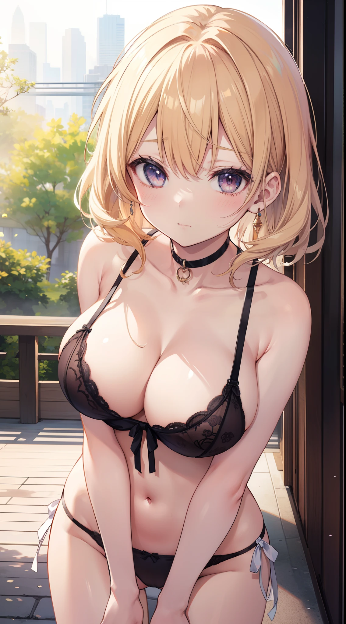 masutepiece、hight resolution、1girl in、in one's underwear only、Brightly colored lingerie、large full breasts、bending forward、Poses that emphasize breasts、Cute anime illustration、